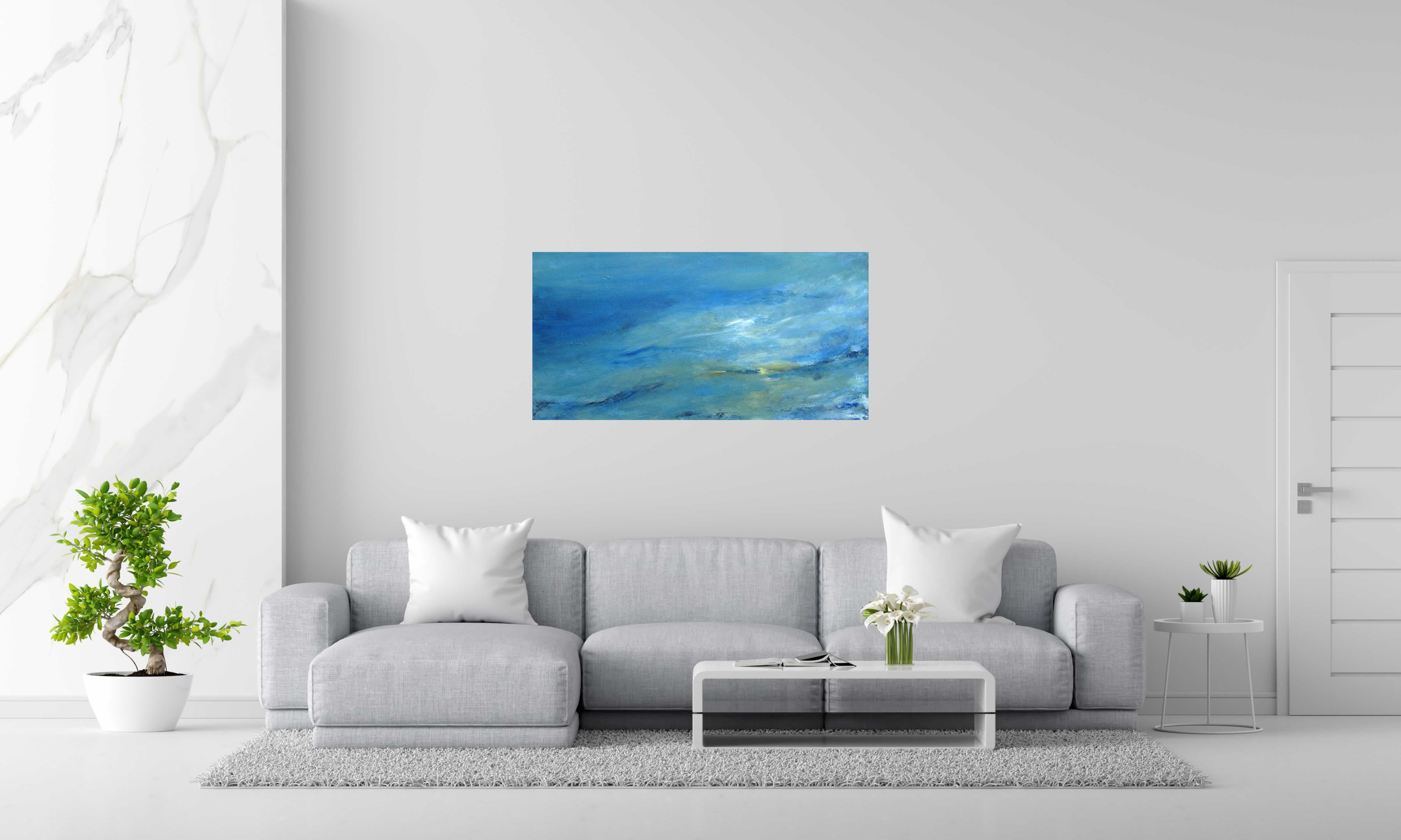 Peinture PAYSAGE BLEU de PASCALE JACQUEMOND dans un intérieur – 60 × 120 cm