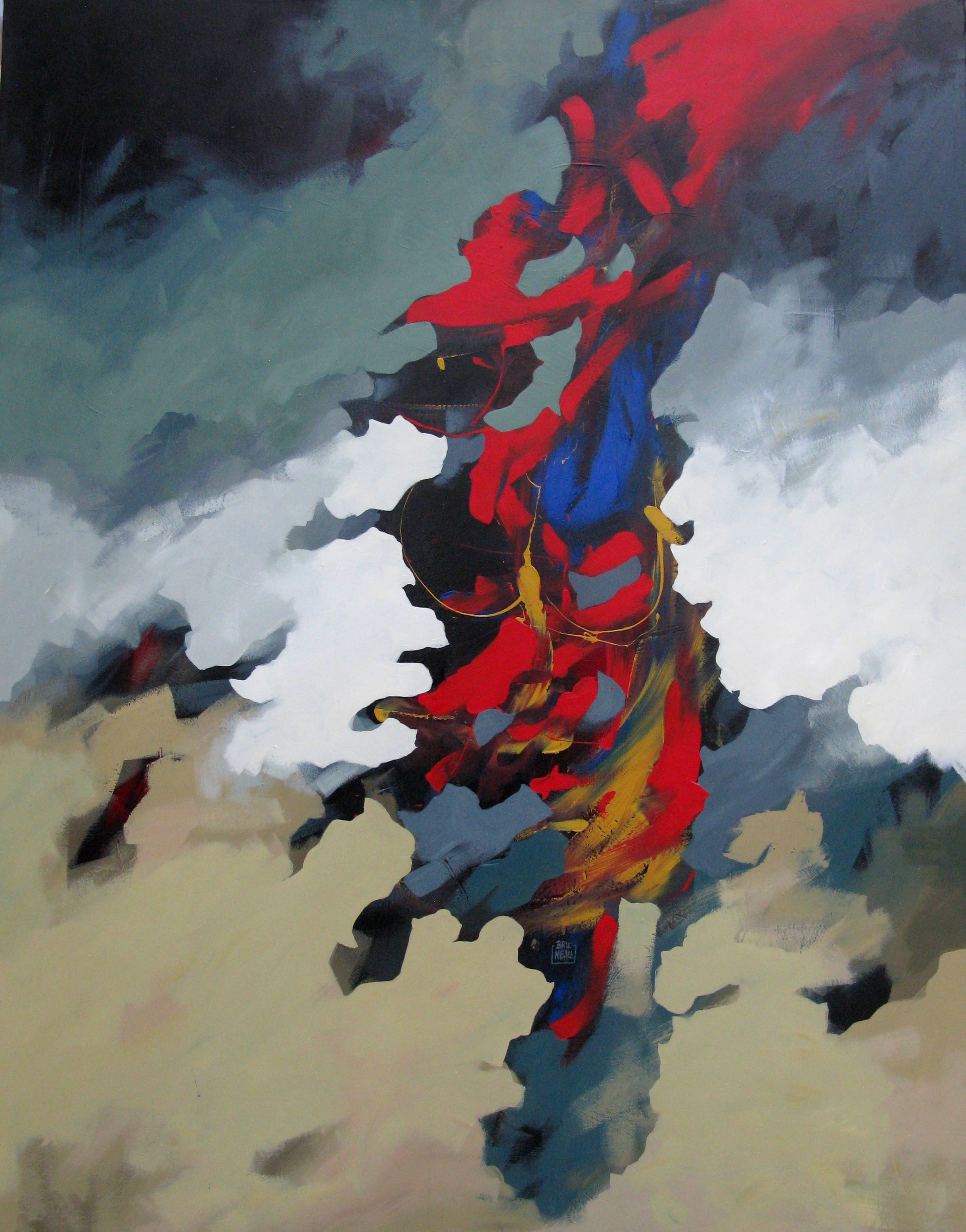 Peinture abstraite grande taille Le chapeau rouge de crétakano – BRUNEAU – 89 × 116 cm