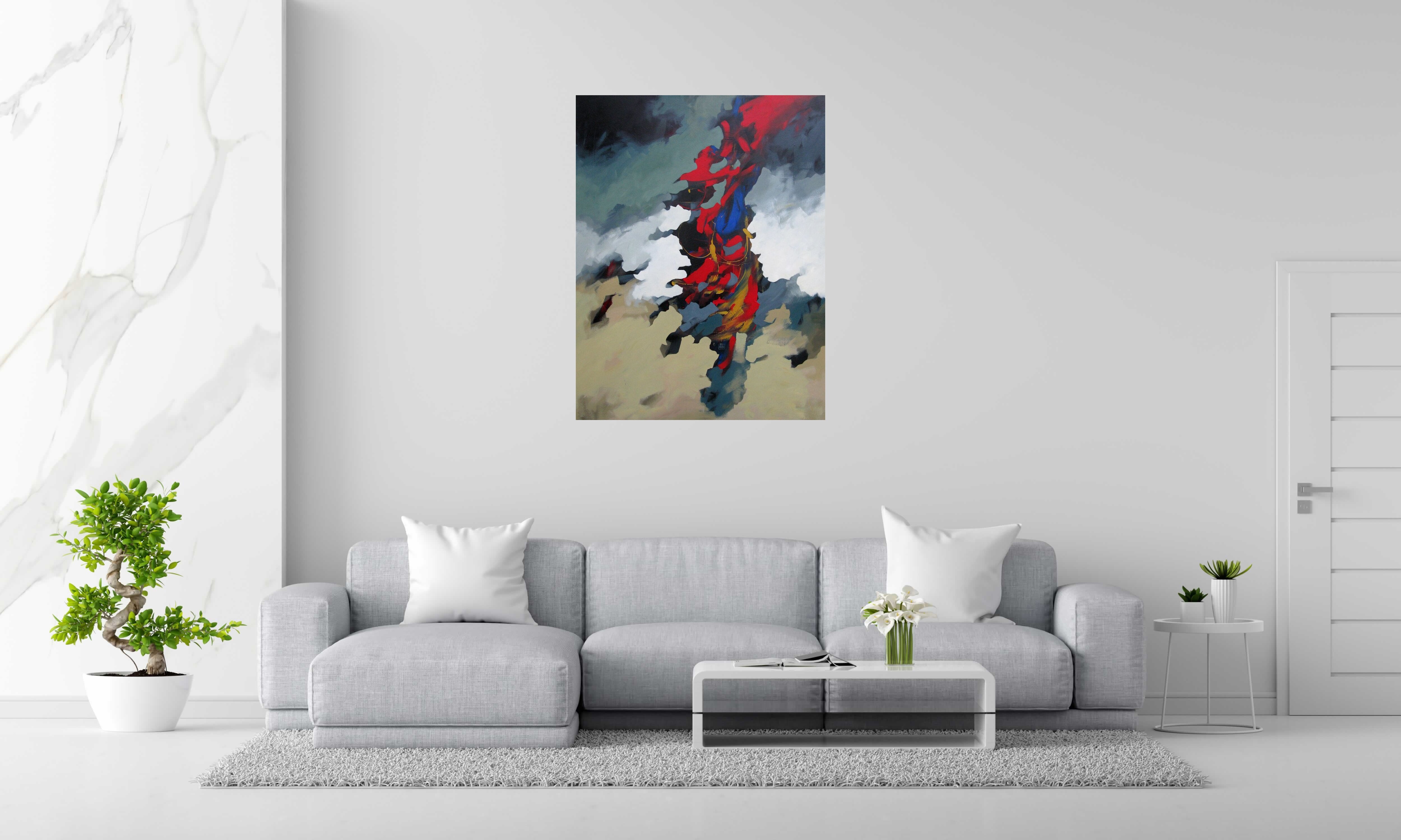 Peinture Le chapeau rouge de crétakano de BRUNEAU dans un intérieur – 89 × 116 cm