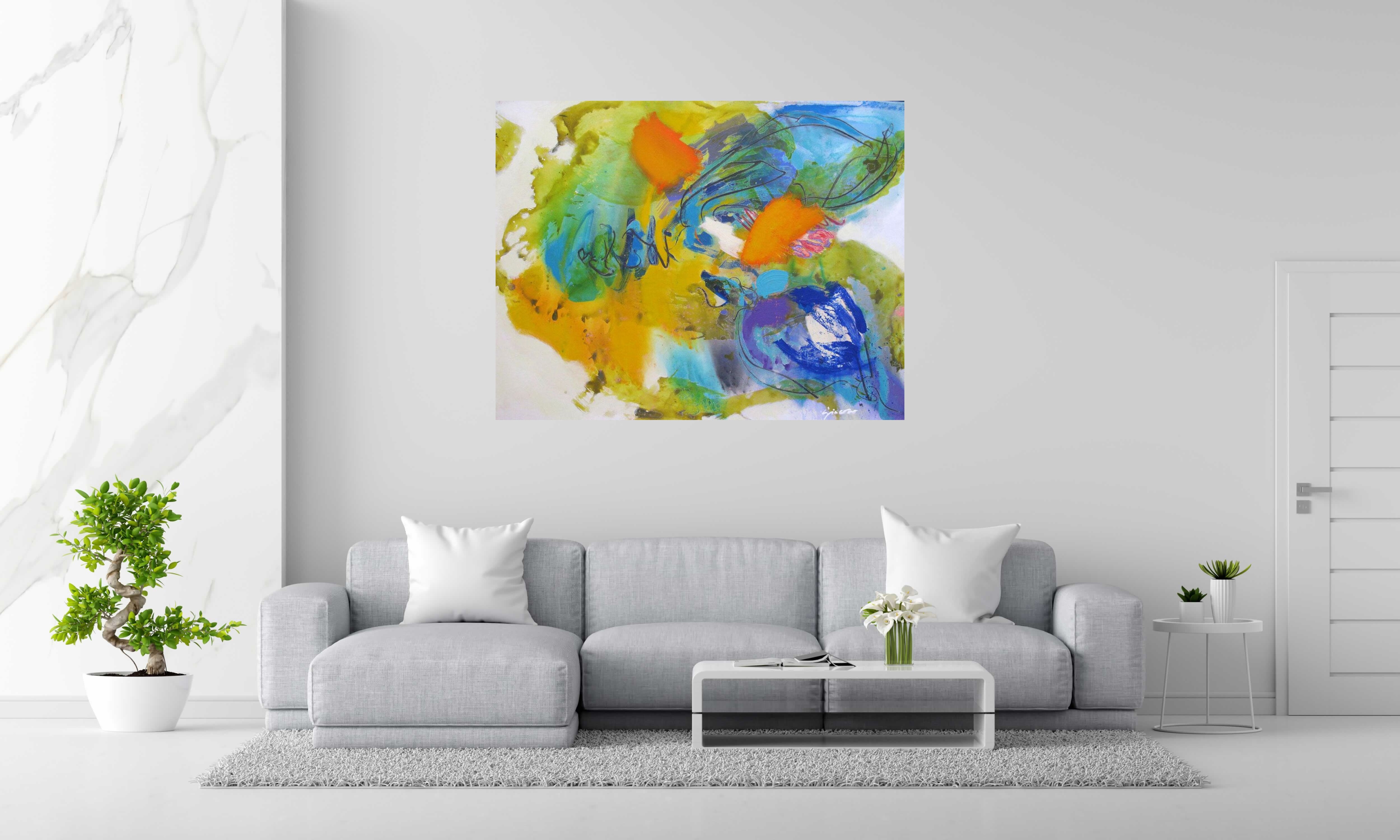 Peinture JARDIN ET VENT de GIACOMO dans un intérieur – 114 × 146 cm