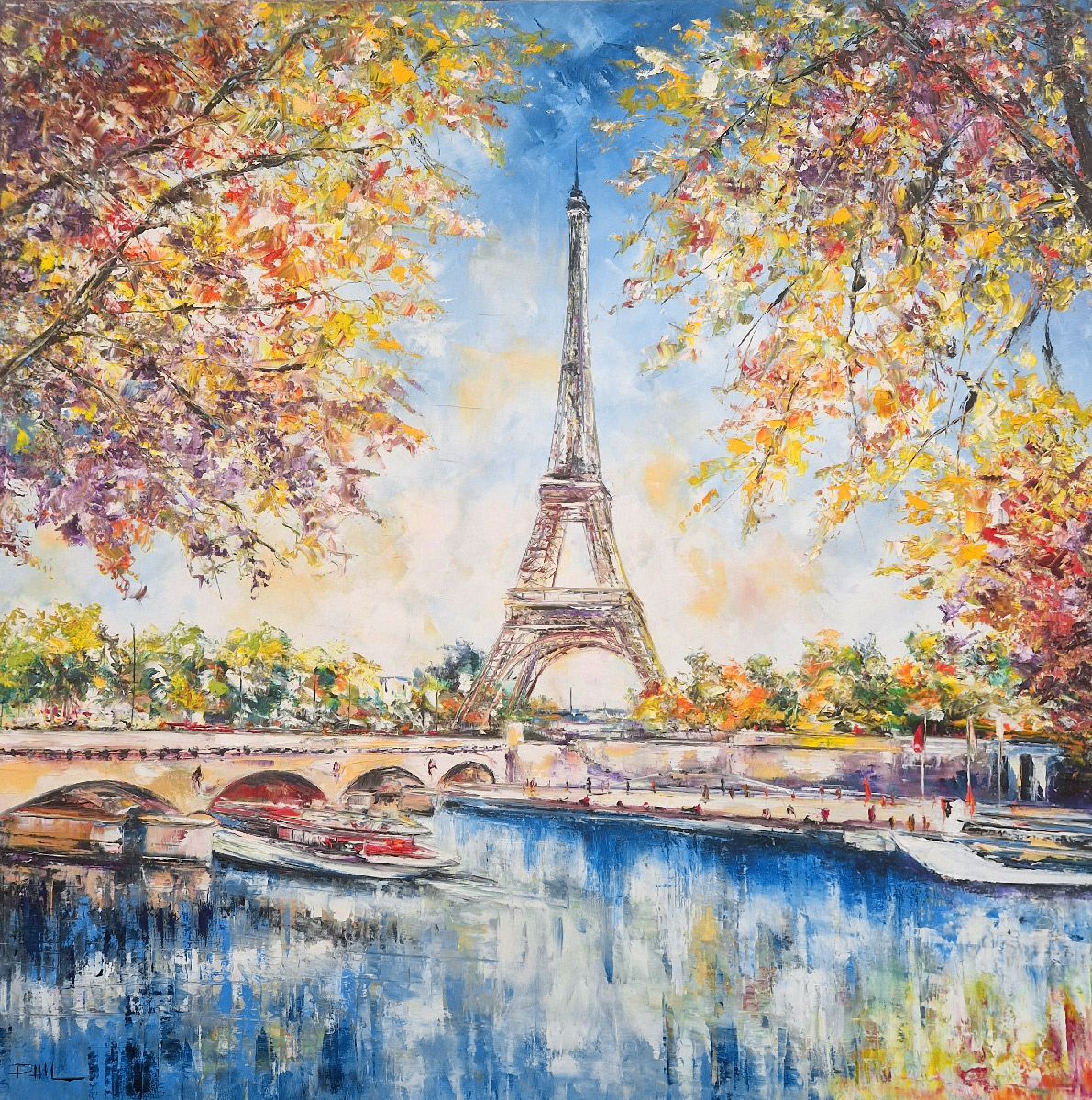 Peinture abstraite grande taille orange et violet Paris – PHIL – 90 × 90 cm