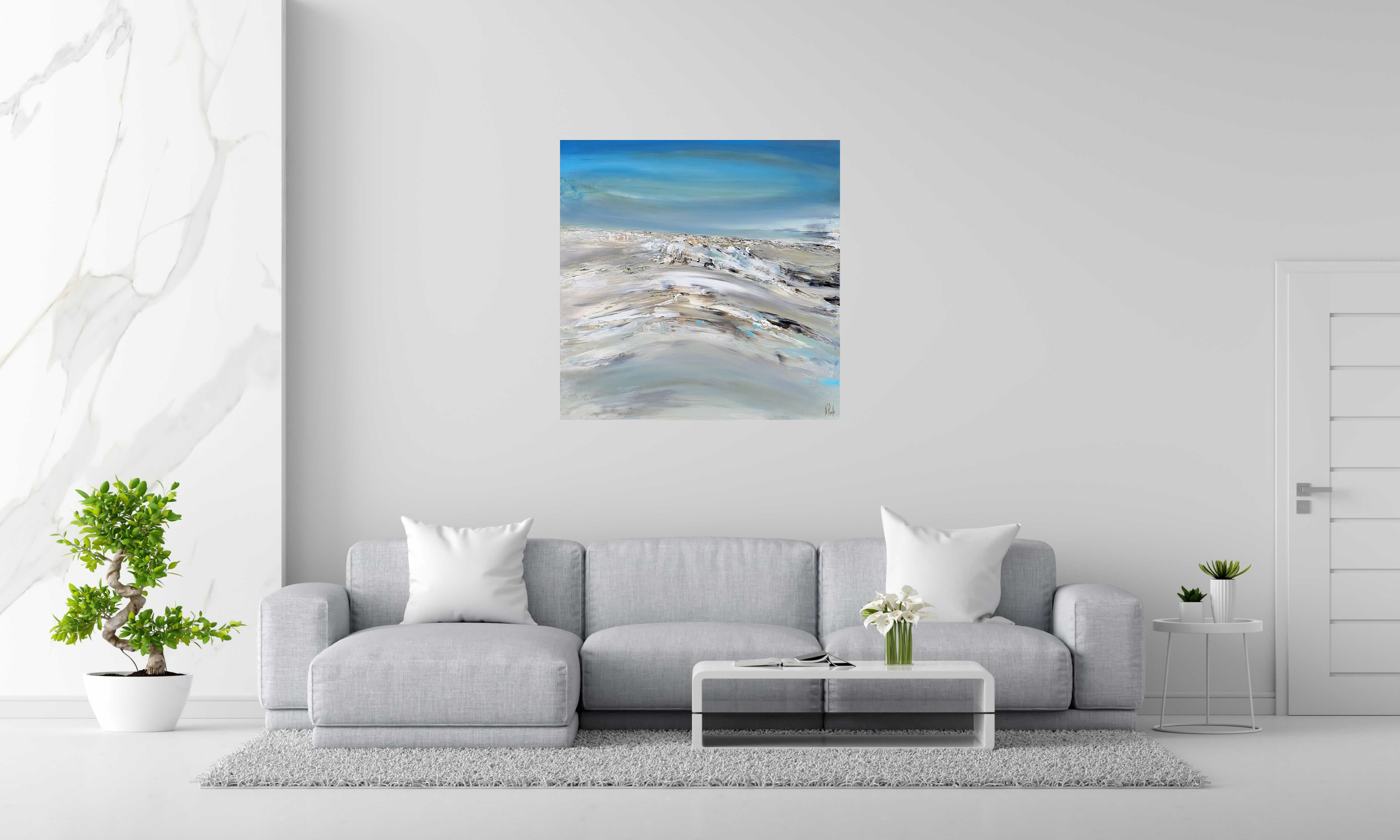 Peinture LE LONG VOYAGE de RUELLE NICOLAS dans un intérieur – 100 × 100 cm