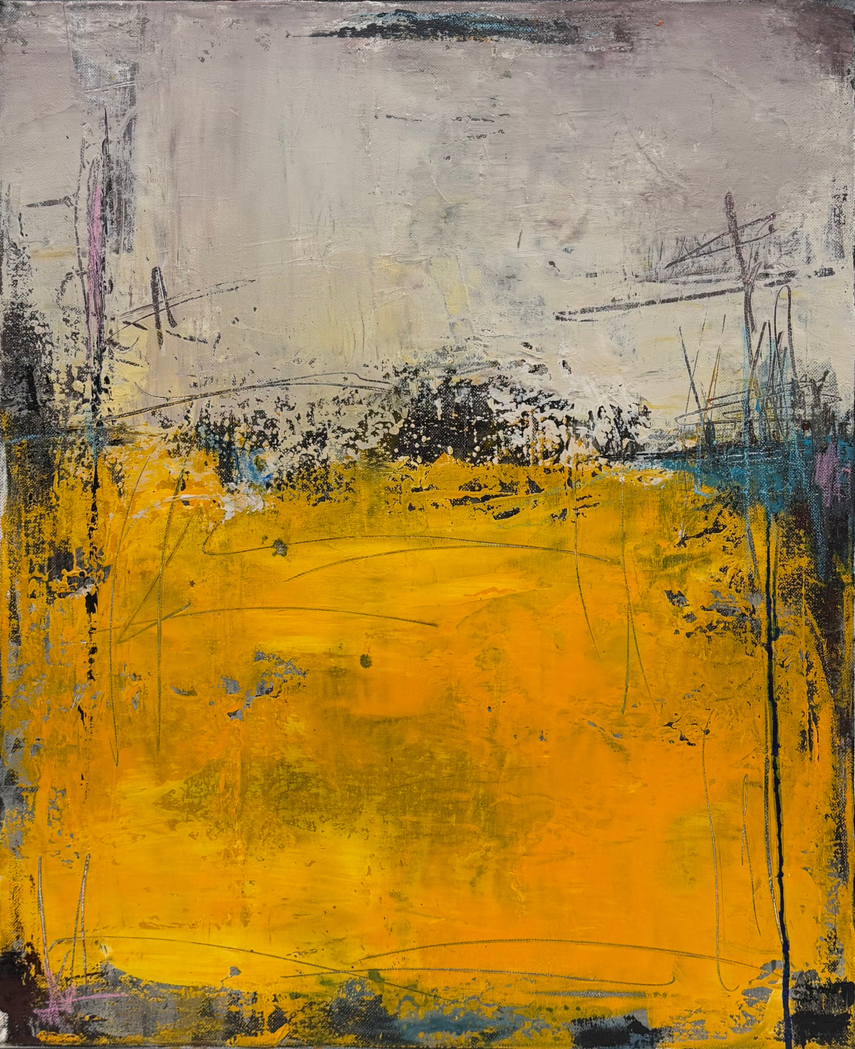 Peinture abstraite acrylique sur toile aux tons jaunes de Tania Carrara, Nuances Solaires, 50 x 61 cm