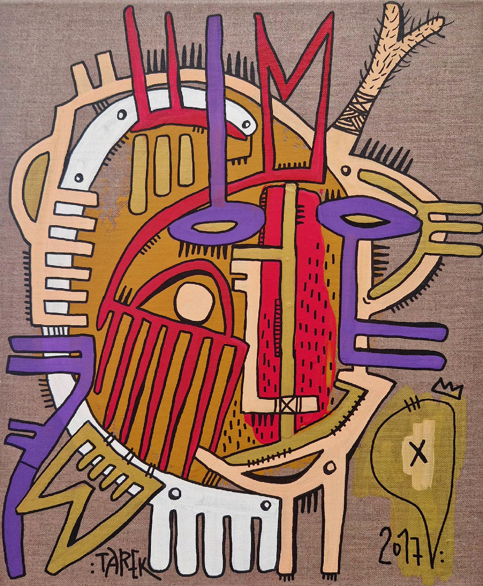 Peinture de TAREK, Mask #5 GEOMETRIK, technique mixte sur toile, 33 x 41 cm, tons ocre et rouge