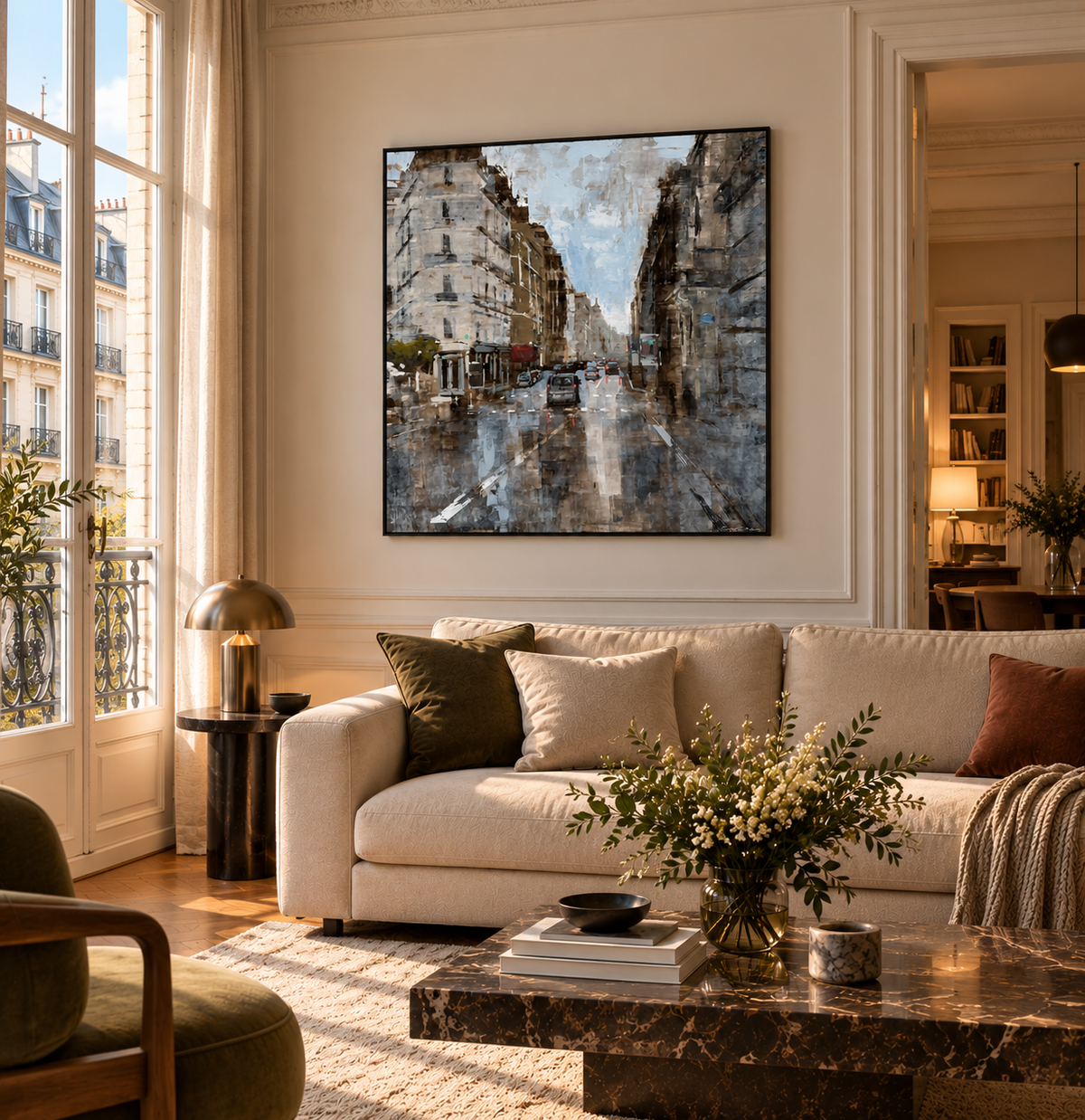 Peinture Matinée Parisienne de ADRIEN FAVEAU dans un intérieur – 100 × 100 cm