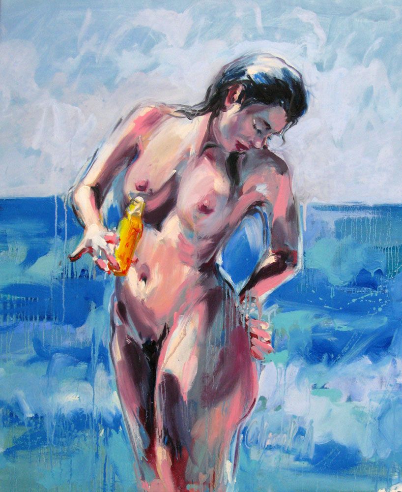 Peinture figurative format xxl blanc et bleu La plage 13 – OLENA SINIUHINA – 81 × 100 cm