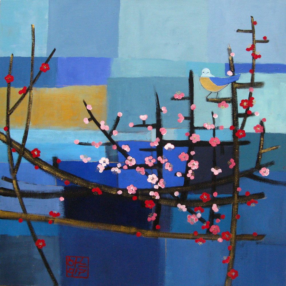 Peinture figurative format xxl bleu MESANGE BLEUE DANS LES BRANCHAGES – JEONG MIN LEE – 80 × 80 cm