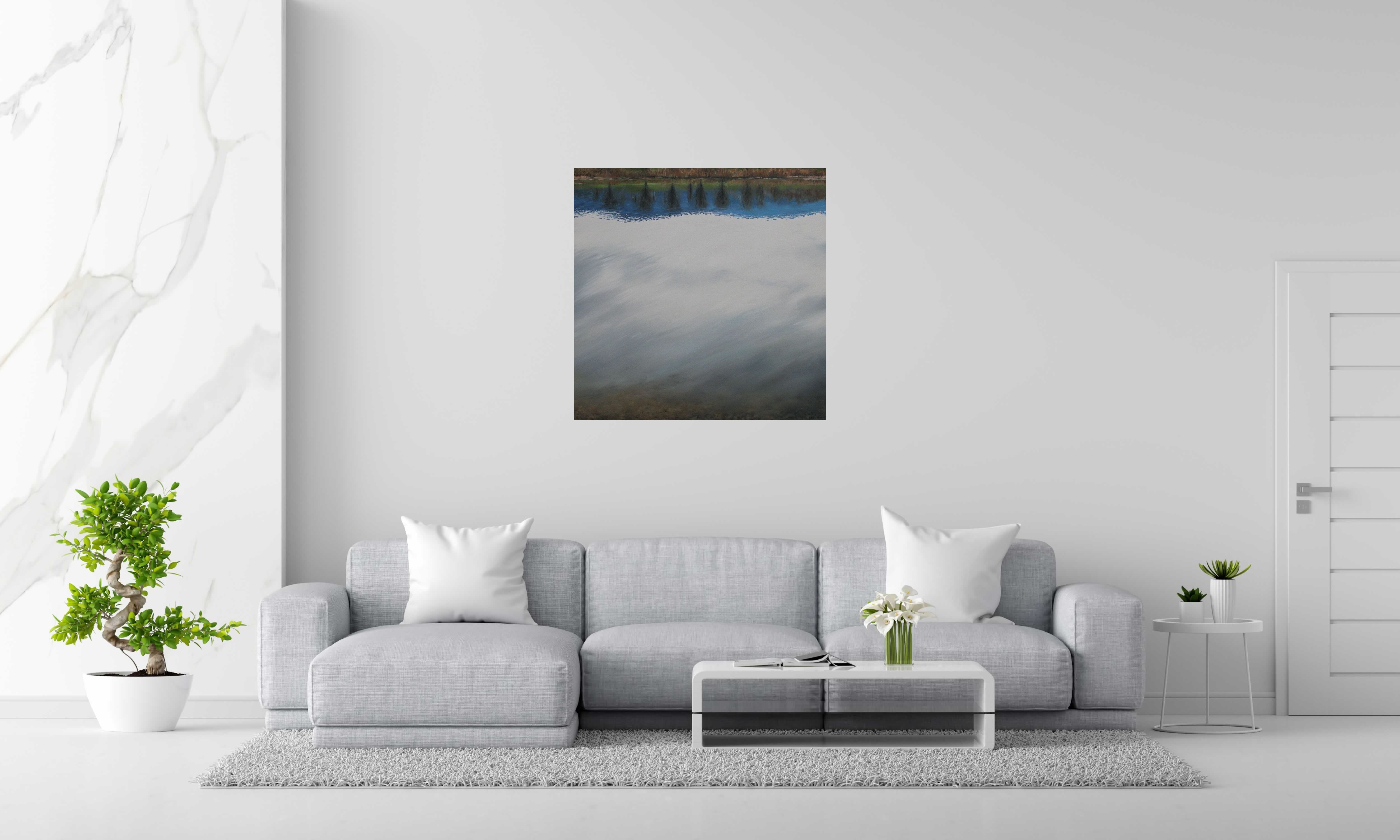 Peinture Rives de ELISE BARAT dans un intérieur – 90 × 90 cm