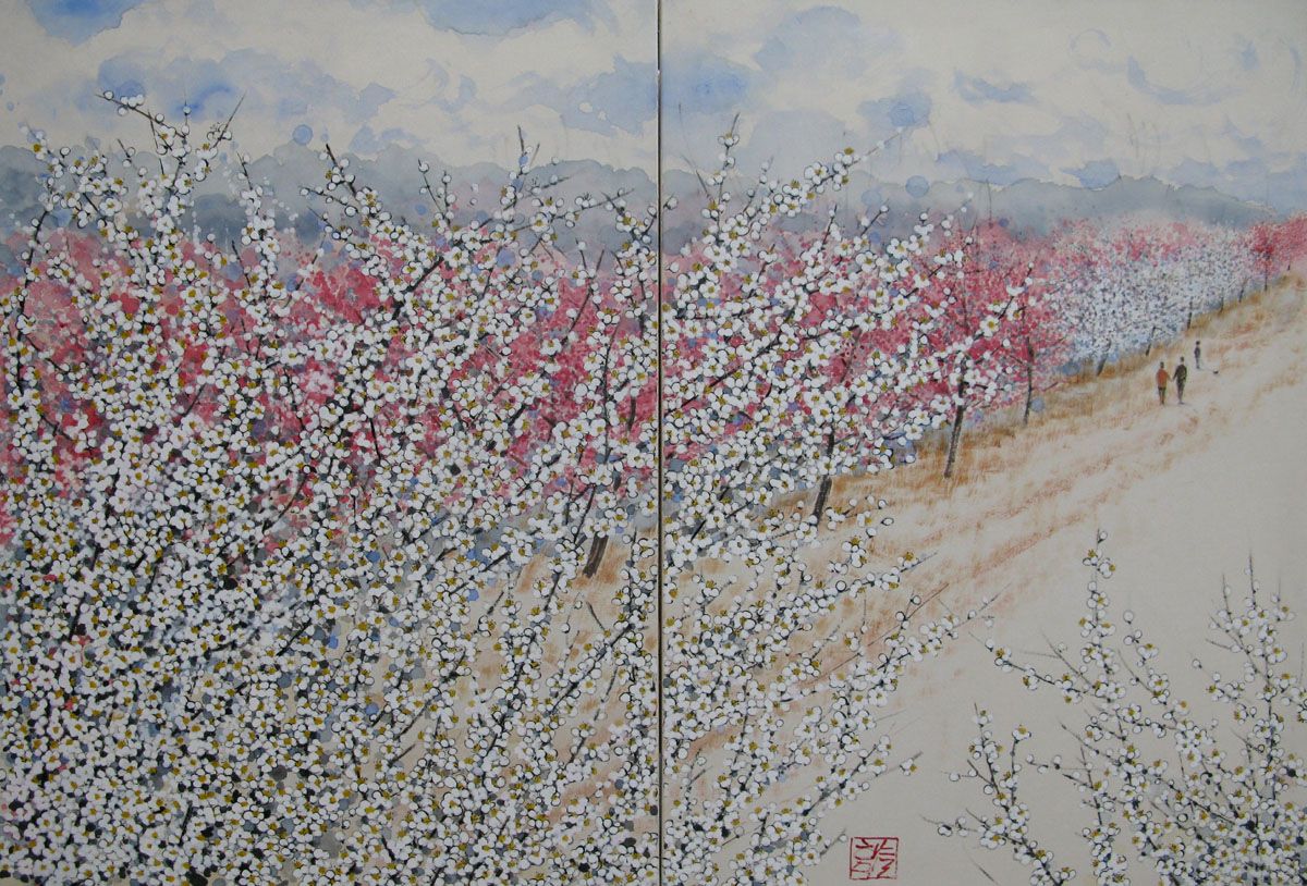 Peinture figurative format xxl Dyptique - Promenade dans un verger – JEONG MIN LEE – 146 × 100 cm