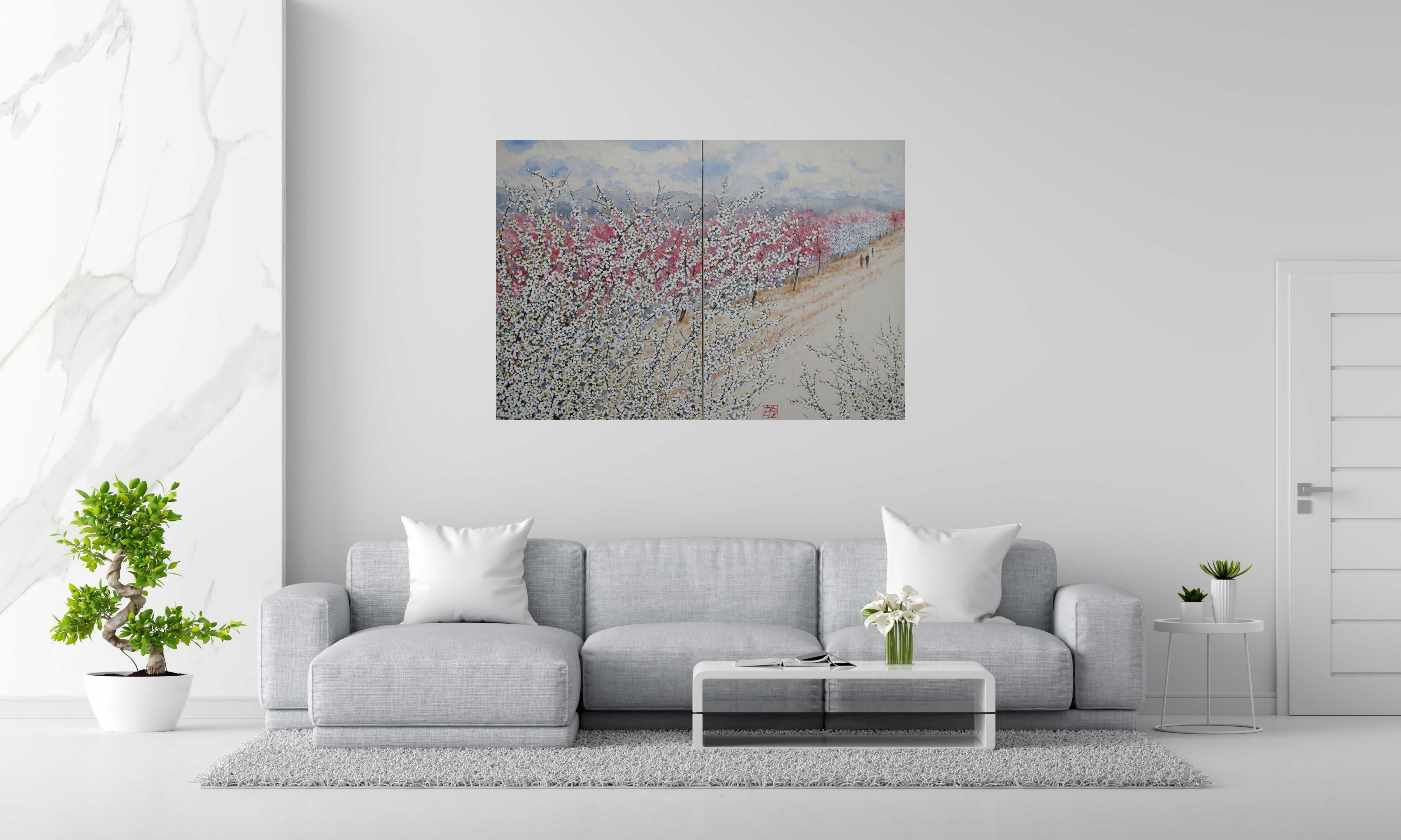 Peinture Dyptique - Promenade dans un verger de JEONG MIN LEE dans un intérieur – 146 × 100 cm
