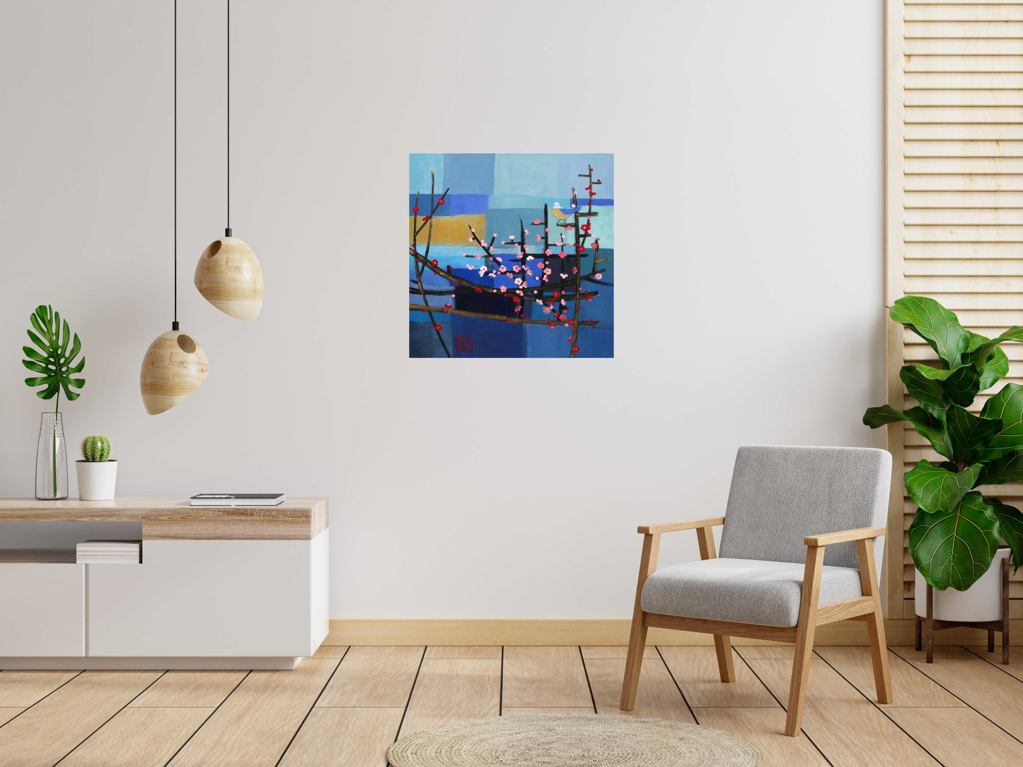 Peinture MESANGE BLEUE DANS LES BRANCHAGES de JEONG MIN LEE dans un intérieur – 80 × 80 cm