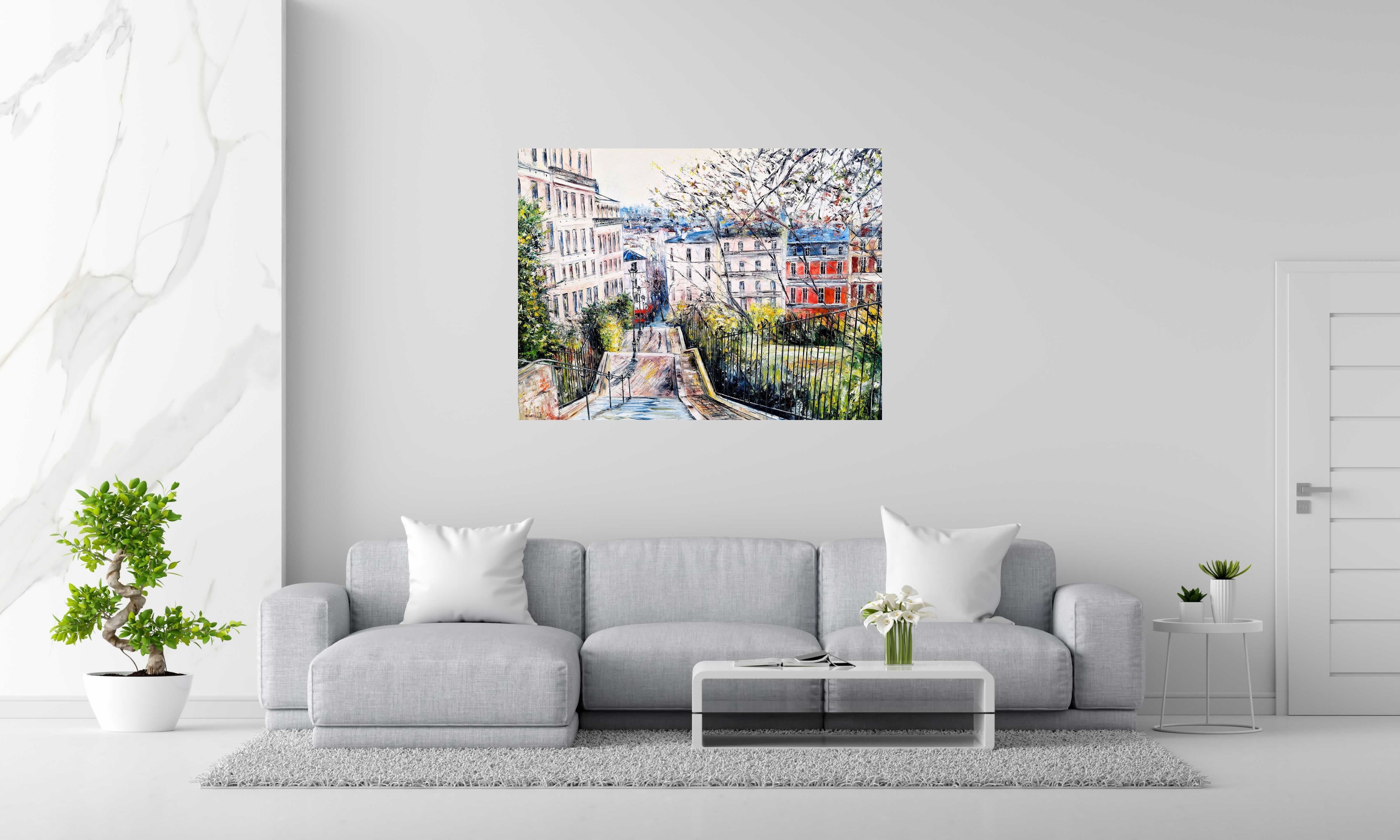 Peinture Montmartre, rue Utrillo, Paris de PHIL dans un intérieur – 130 × 97 cm