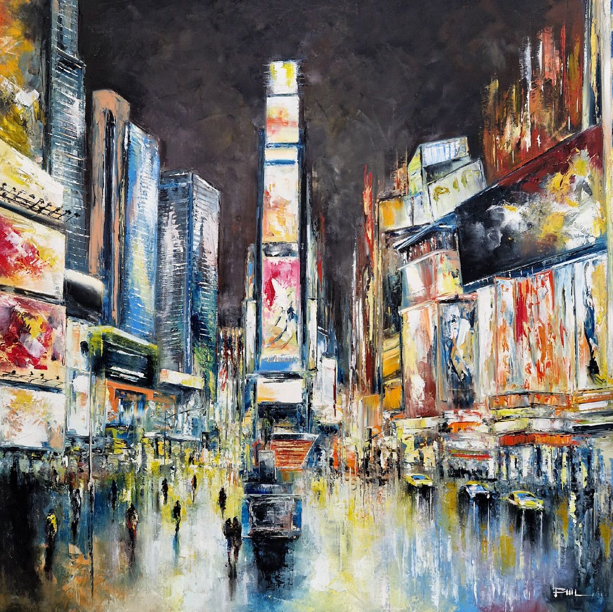 Peinture figurative format xxl Shining Time Square - NY – PHIL – 100 × 100 cm