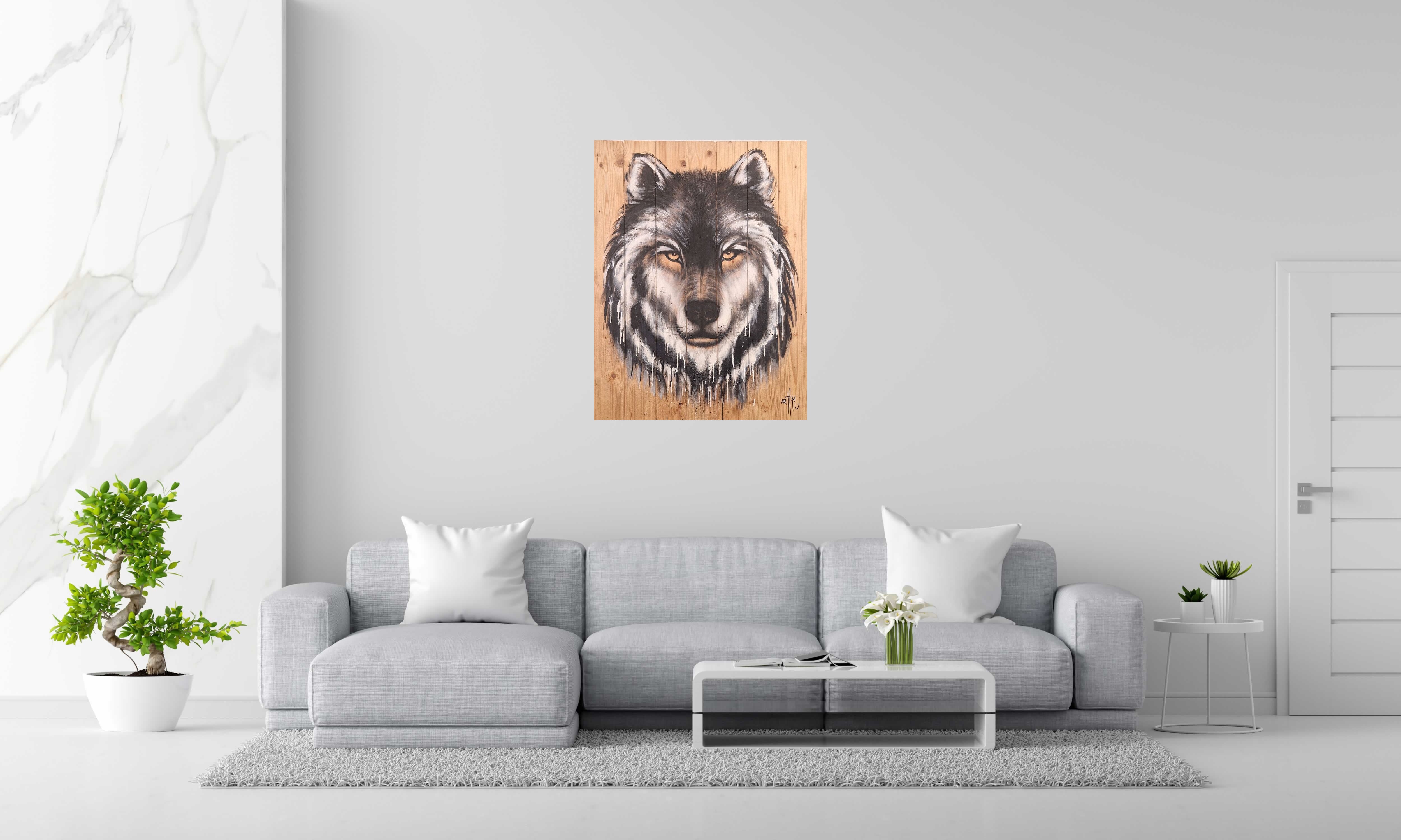 Peinture Loup sur Bois de ART HM dans un intérieur – 76 × 100 cm