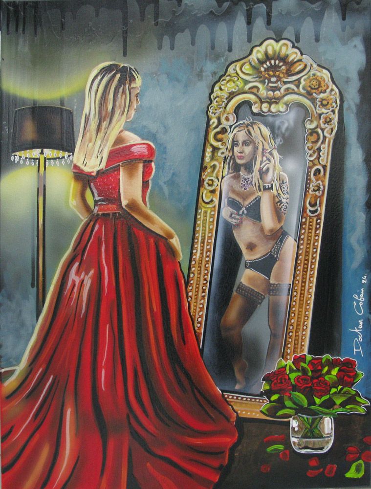 Peinture figurative grand format Luxure cachée – Docteur Cobain – 73 × 100 cm