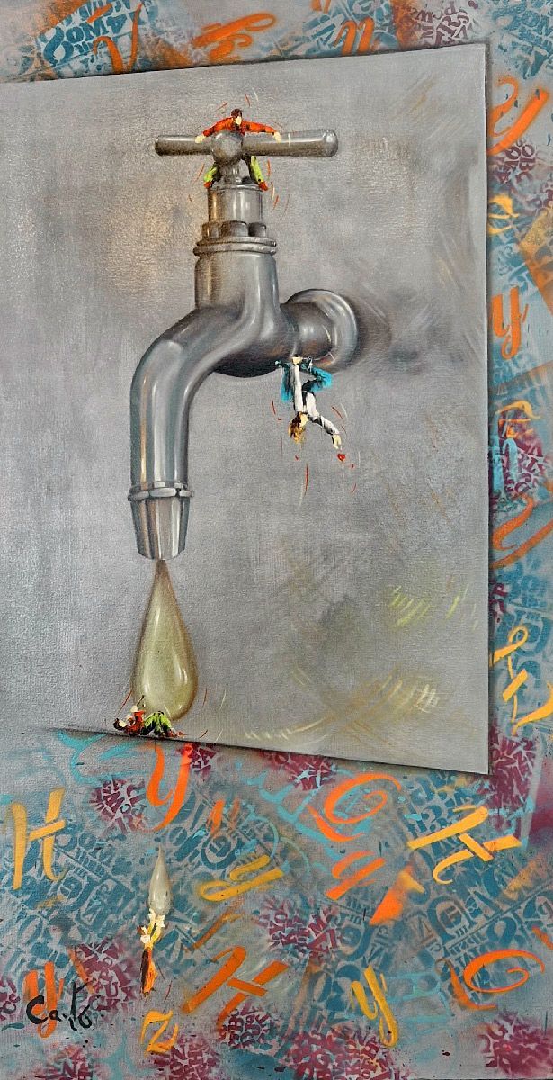 Peinture figurative grand format Le robinet du savoir – Geneviève Canto – 60 × 120 cm