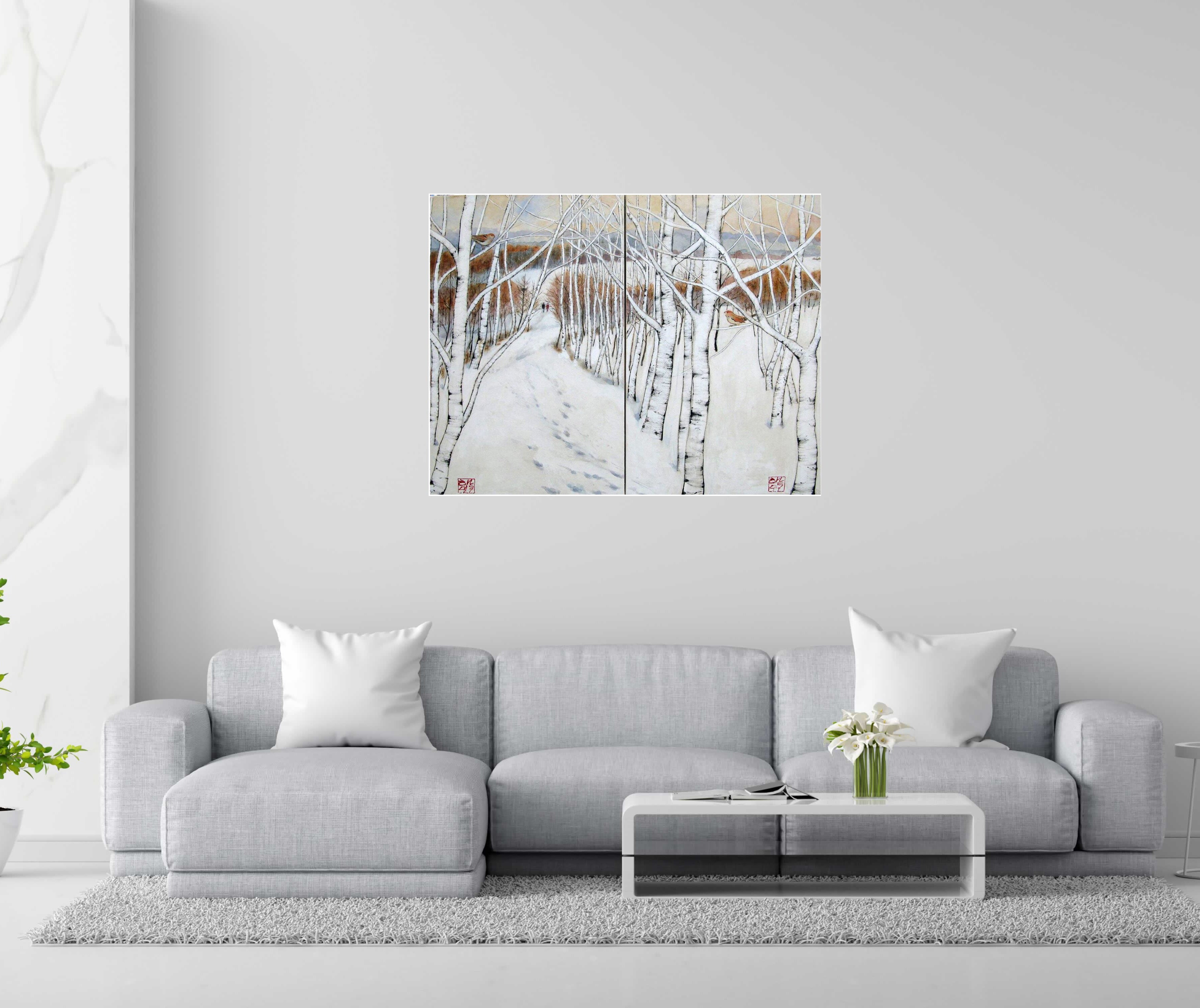 Diptych - Two Birds in the Birch Trees