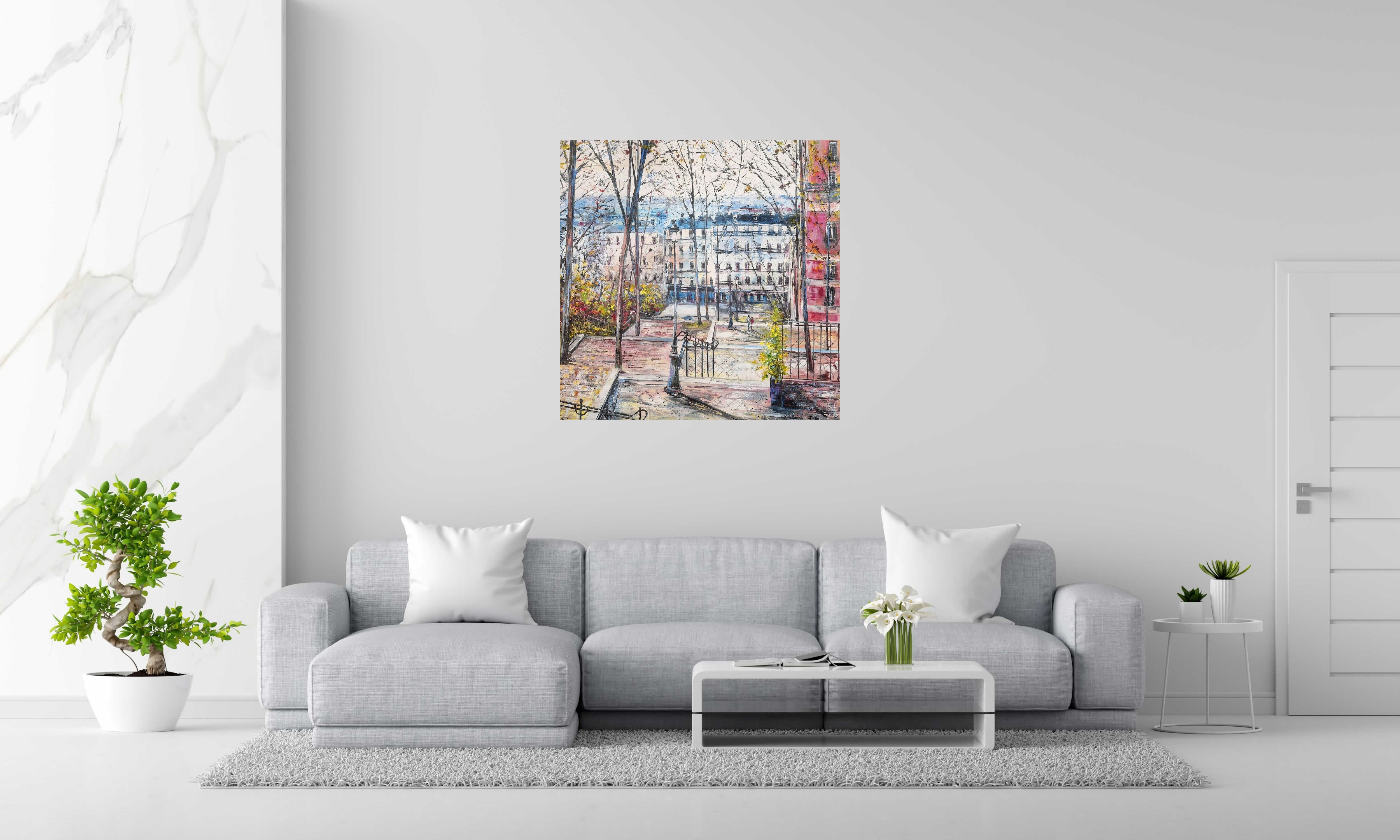 Peinture Escalier de Montmartre, Paris de PHIL dans un intérieur – 100 × 100 cm