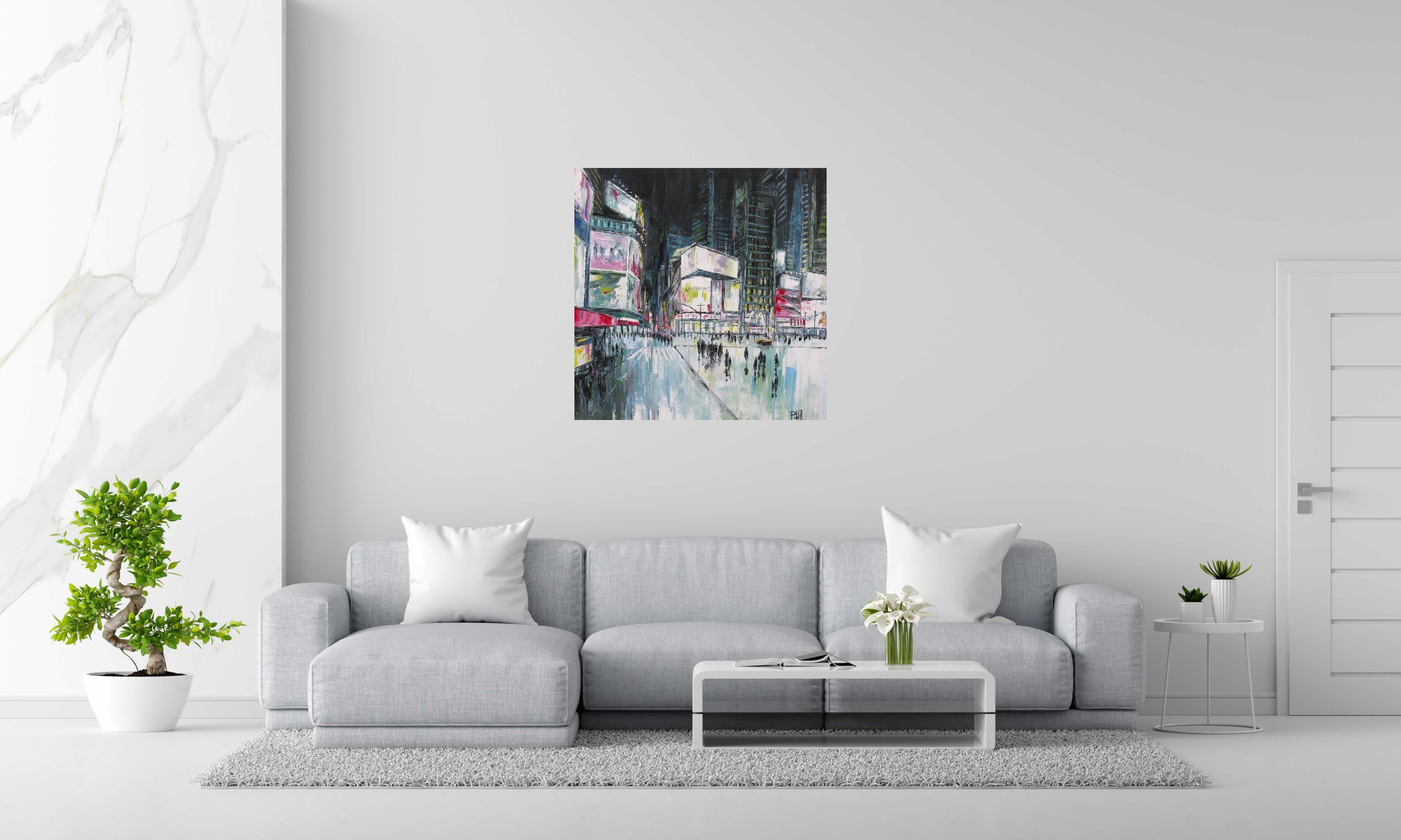 Peinture Evening Times Square de PHIL dans un intérieur – 90 × 90 cm