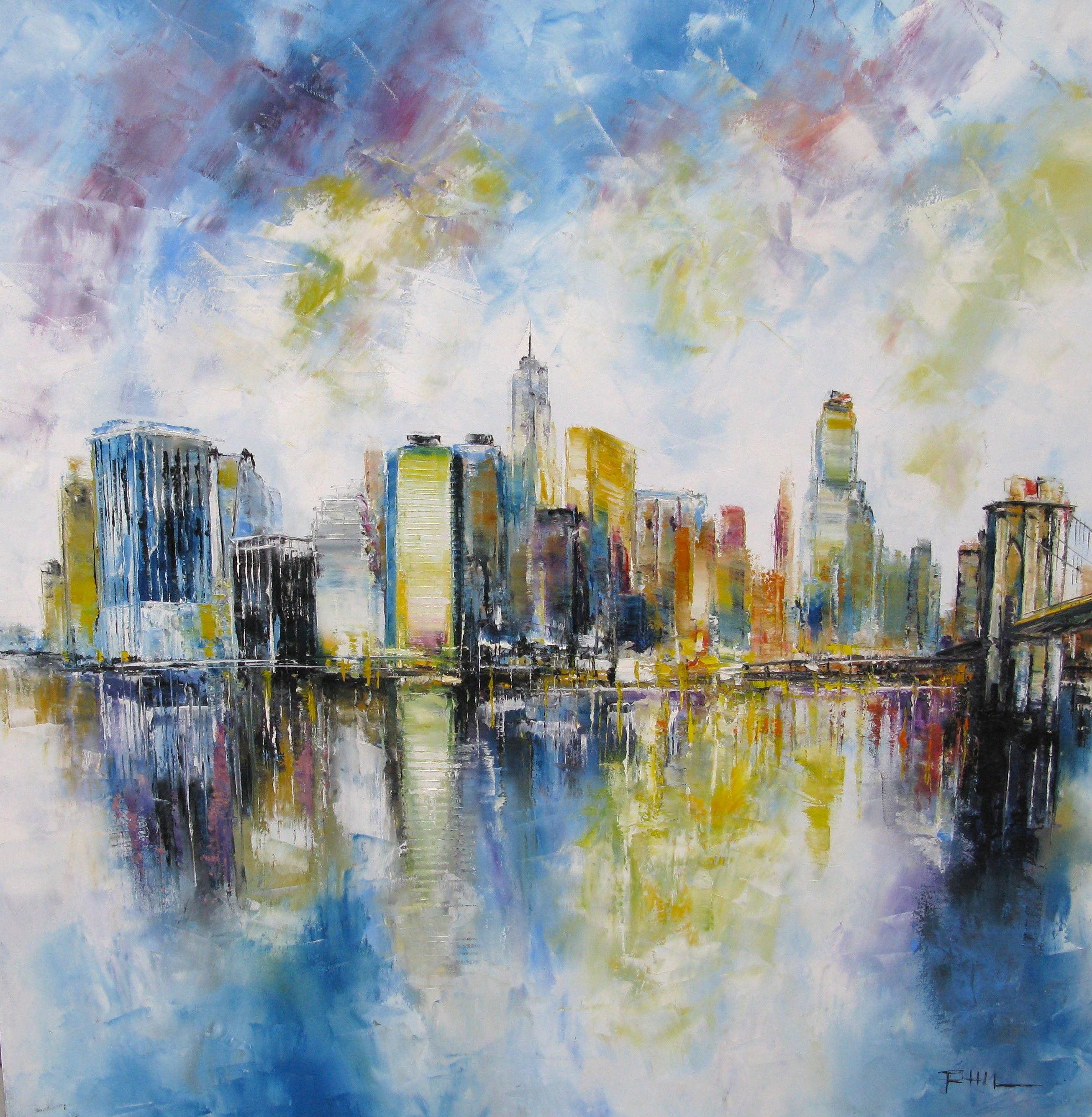 Peinture figurative grand format Hudson River NY – PHIL – 90 × 90 cm