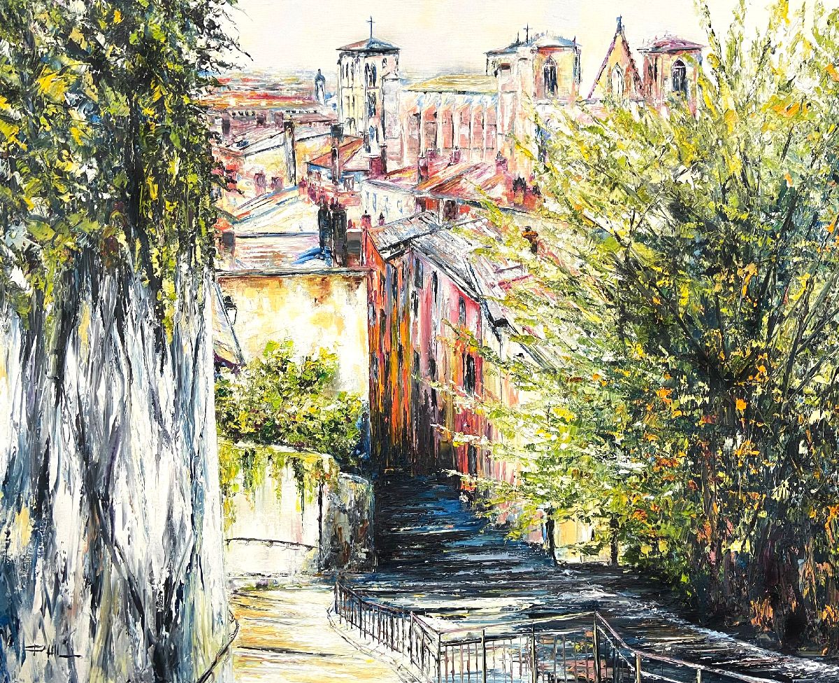 Peinture figurative grand format Vue sur Lyon – PHIL – 100 × 81 cm