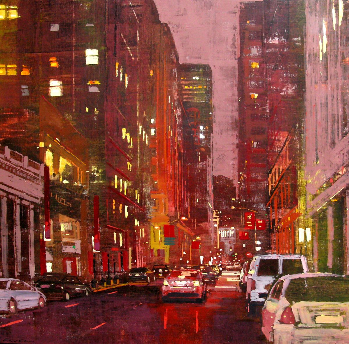Peinture figurative grande taille San Fransisco Montgomery St – ADRIEN FAVEAU – 120 × 120 cm
