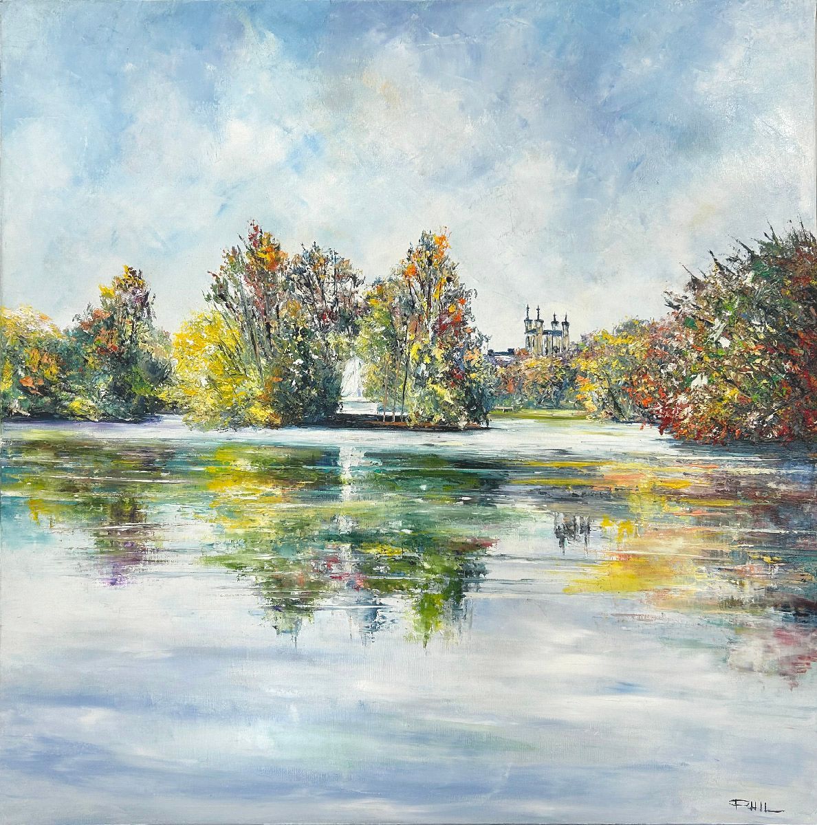Peinture figurative grande taille bleu et jaune Île du souvenir, Lyon – PHIL – 80 × 80 cm