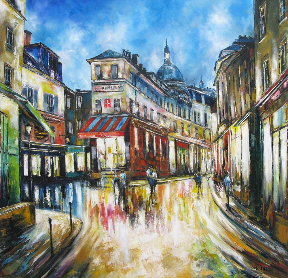 Peinture figurative grande taille bleu Rue Norvins, Montmartre, Paris – PHIL – 100 × 100 cm
