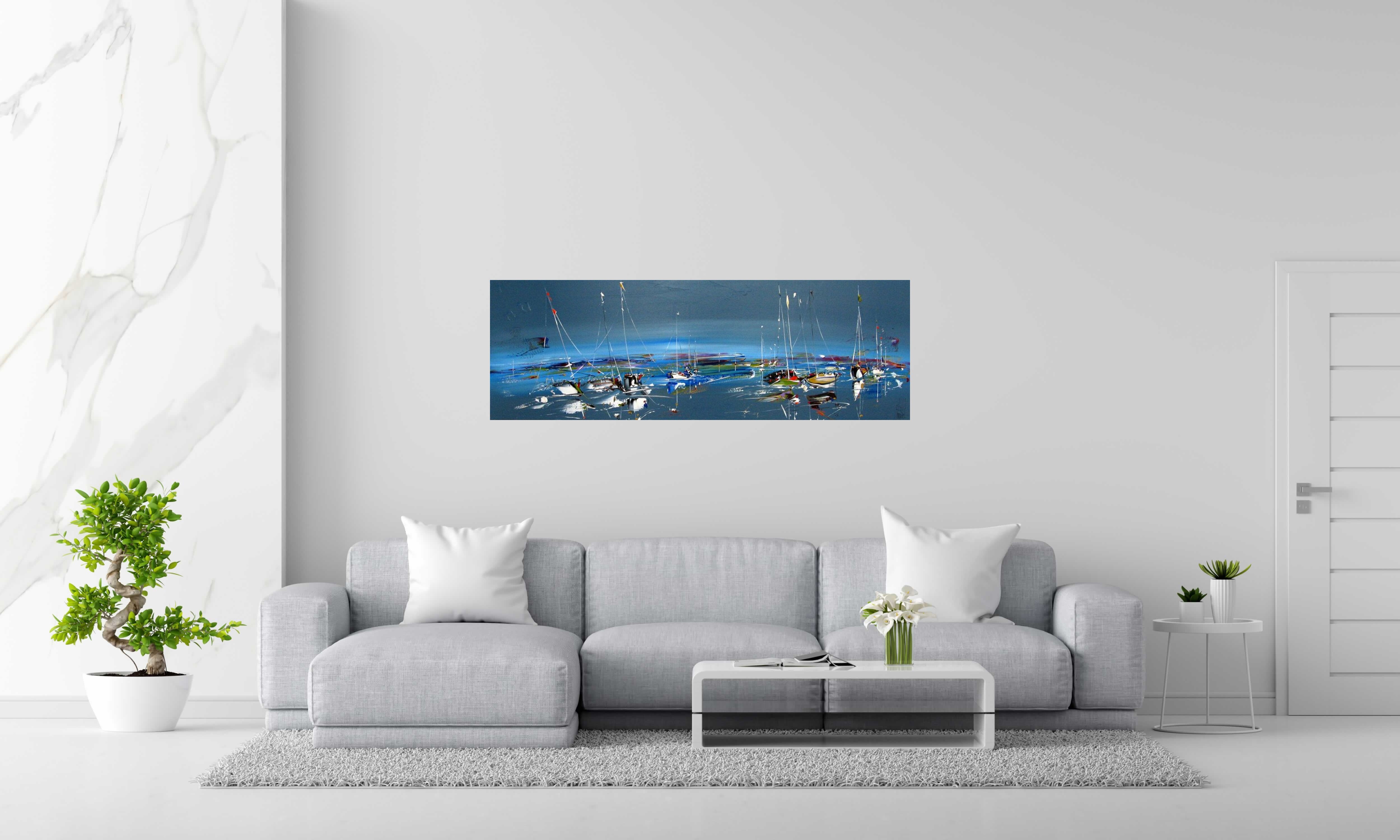 Peinture MARINE ABSTRAITE 2024-40 de F. BOUTET dans un intérieur – 150 × 50 cm