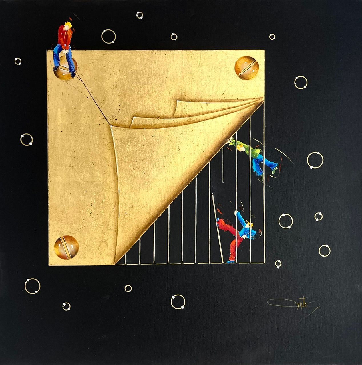 Peinture figurative grande taille Le Déconfinement – Geneviève Canto – 80 × 80 cm