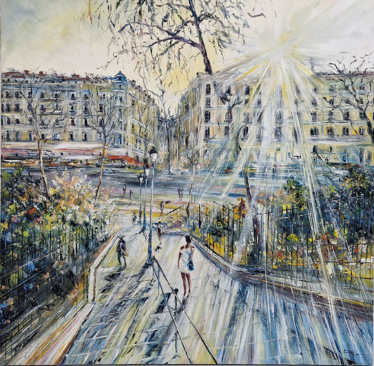 Peinture figurative grande taille Paris - Soirée à Montmartre – PHIL – 100 × 100 cm
