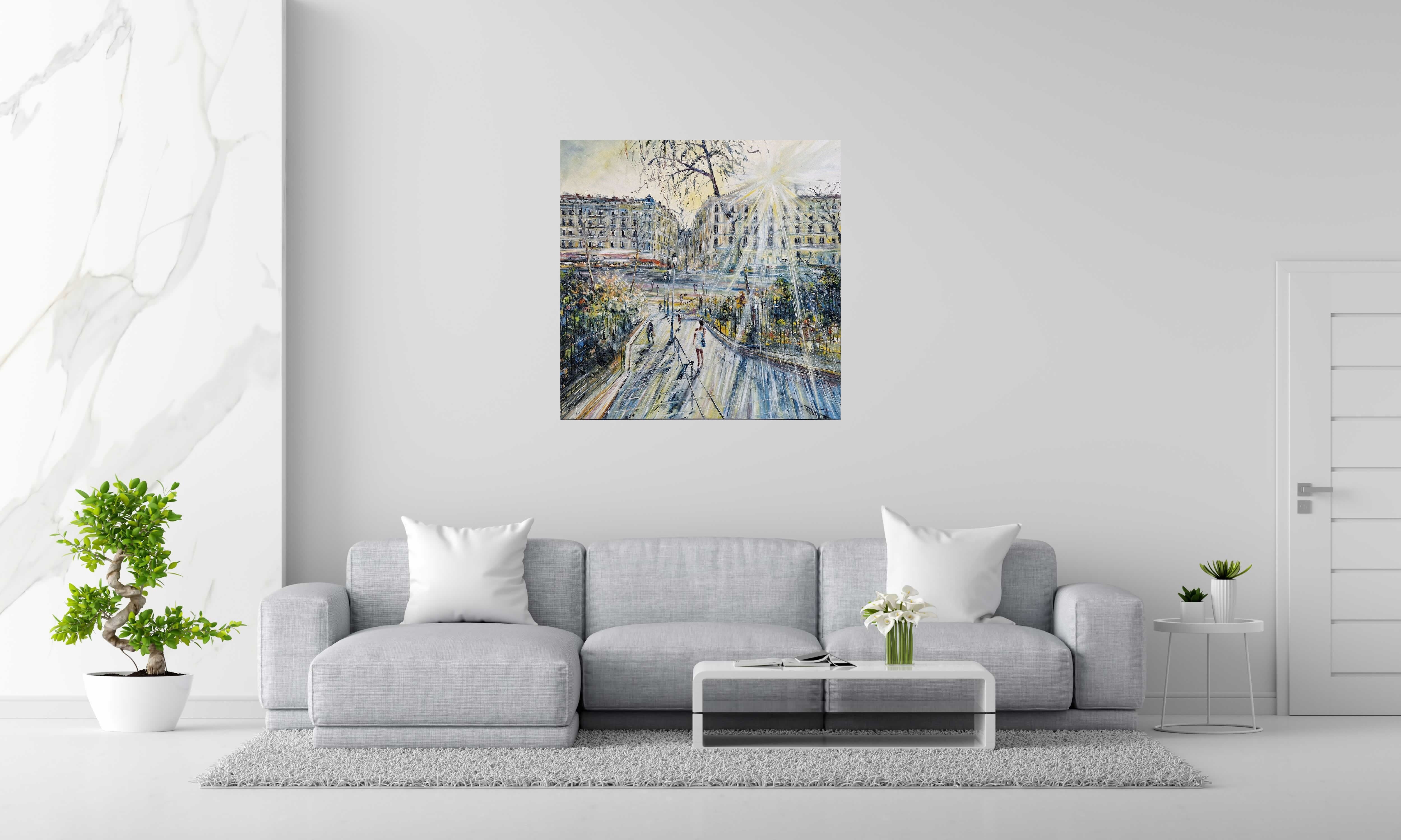 Peinture Paris - Soirée à Montmartre de PHIL dans un intérieur – 100 × 100 cm