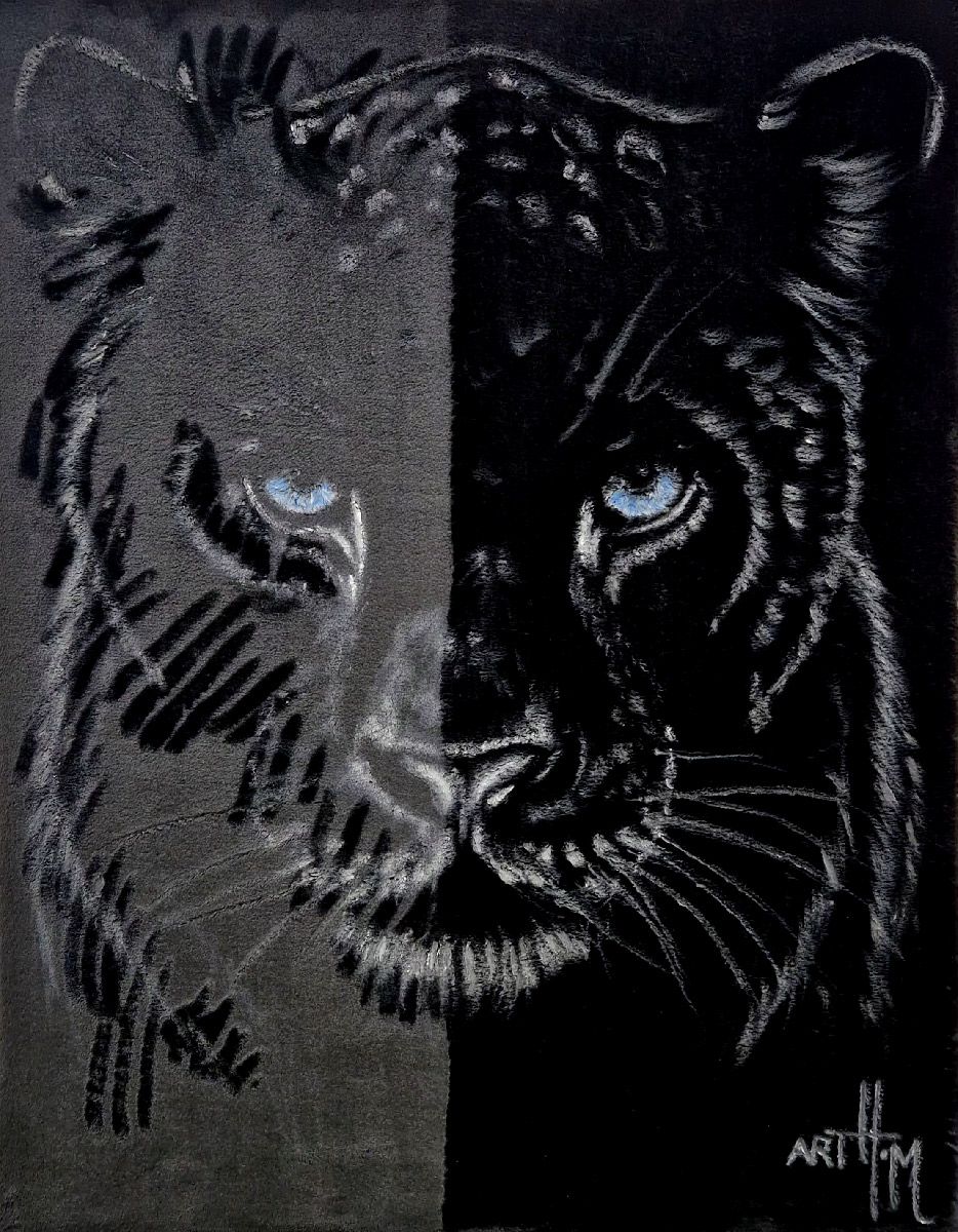 Peinture figurative moyen format bleu Panther UV velours – ART HM – 60 × 80 cm
