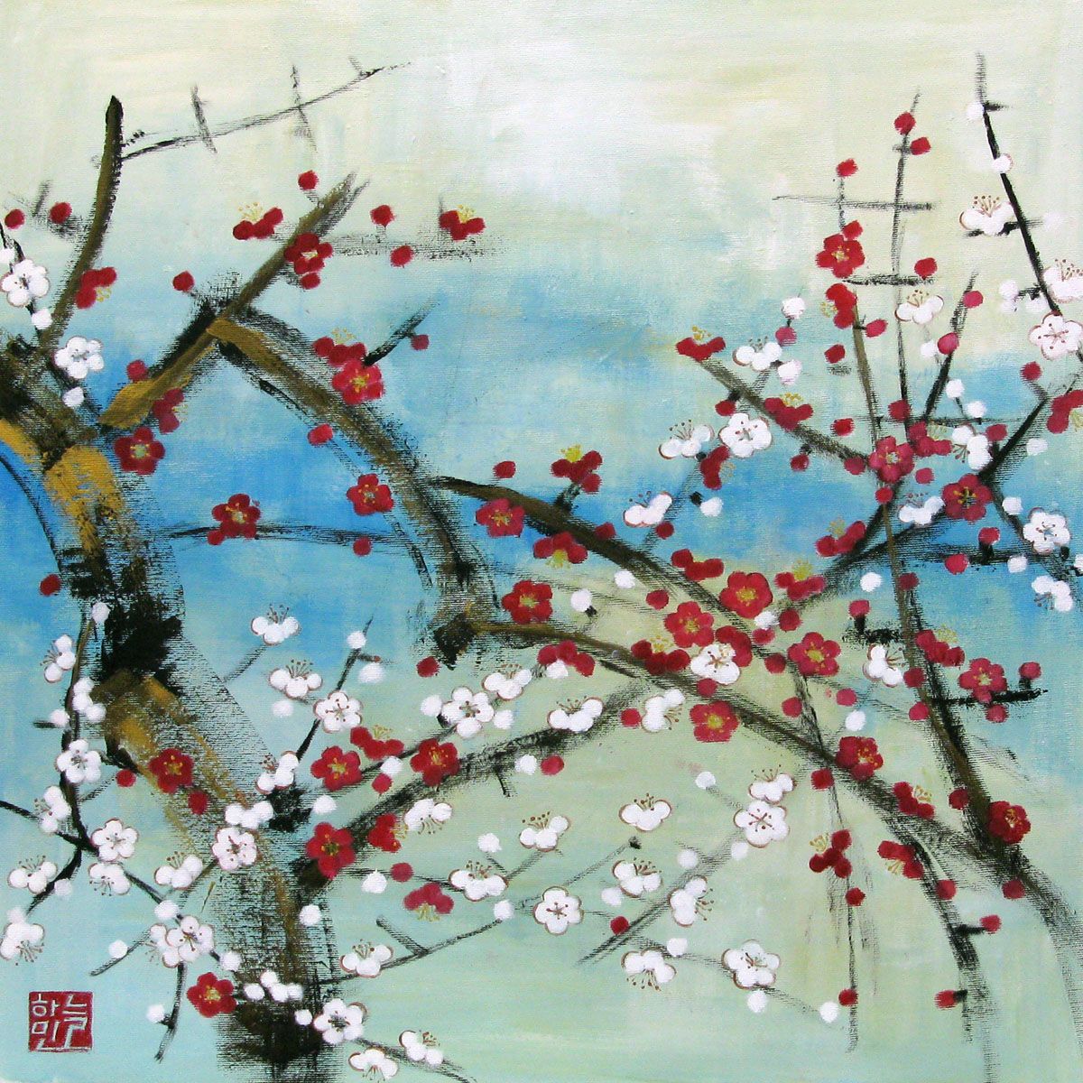 Peinture figurative moyen format bleu Gaieté – JEONG MIN LEE – 60 × 60 cm