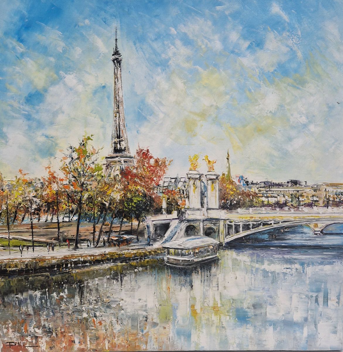 Peinture figurative moyen format bleu Pont Alexandre III, Paris – PHIL – 60 × 60 cm