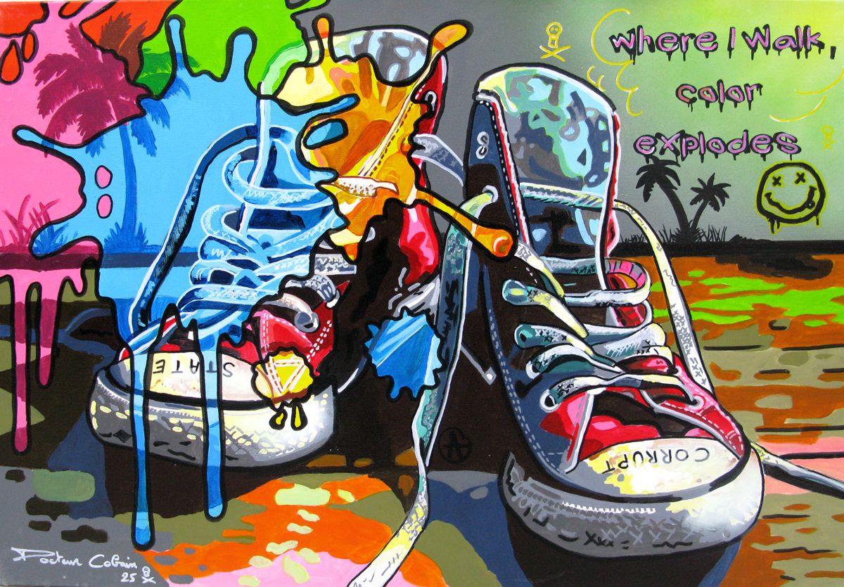 Peinture figurative moyen format Fuck Gray – Docteur Cobain – 65 × 92 cm