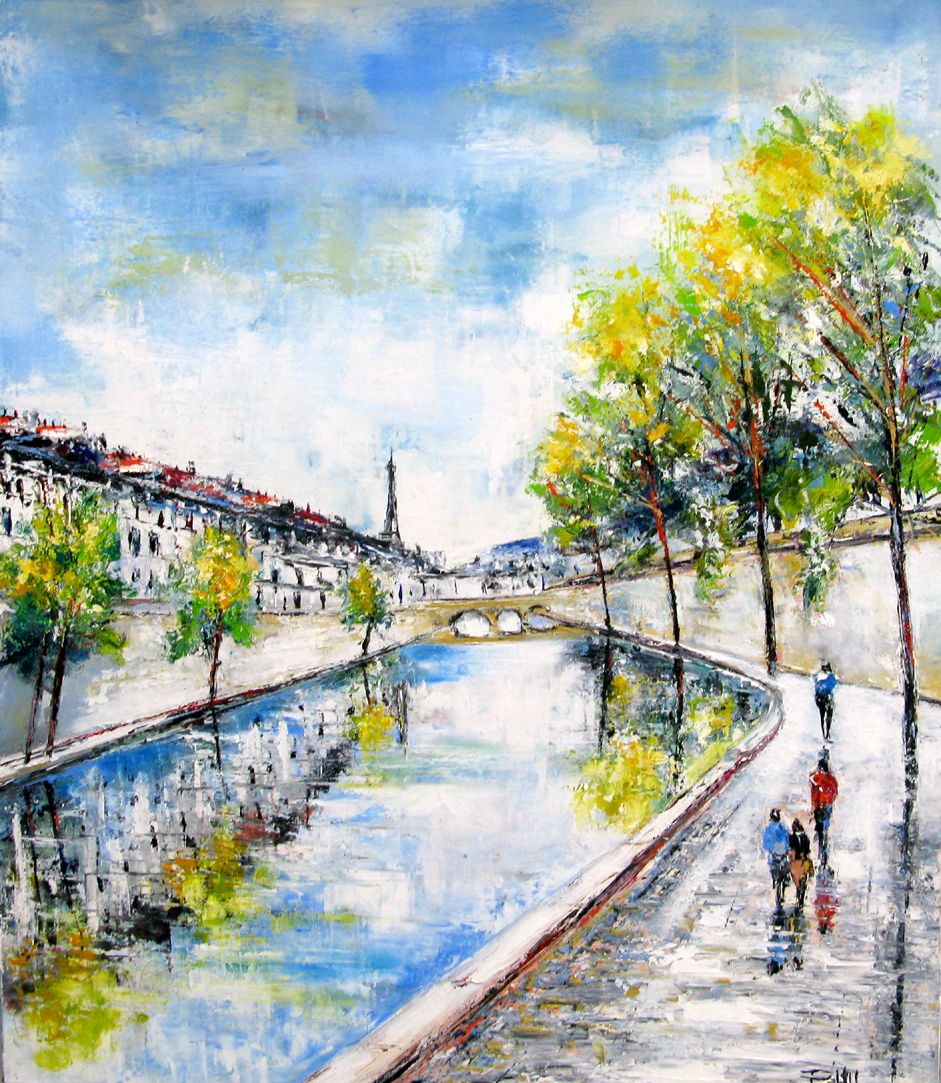 Peinture figurative moyen format mauve Les quais de Paris – PHIL – 54 × 65 cm