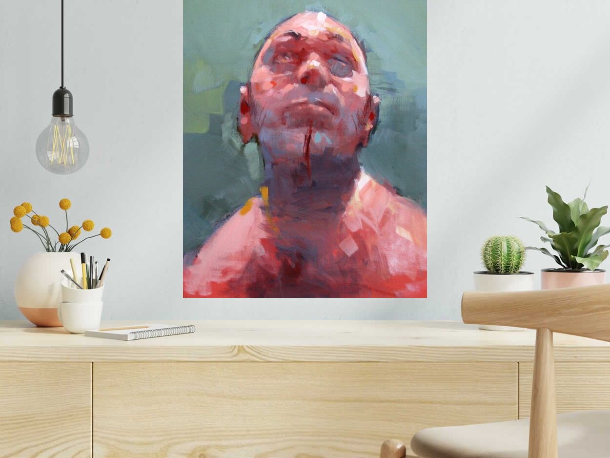 Peinture Repentant Hooligan de OLIVIER MASSEBEUF dans un intérieur – 50 × 61 cm