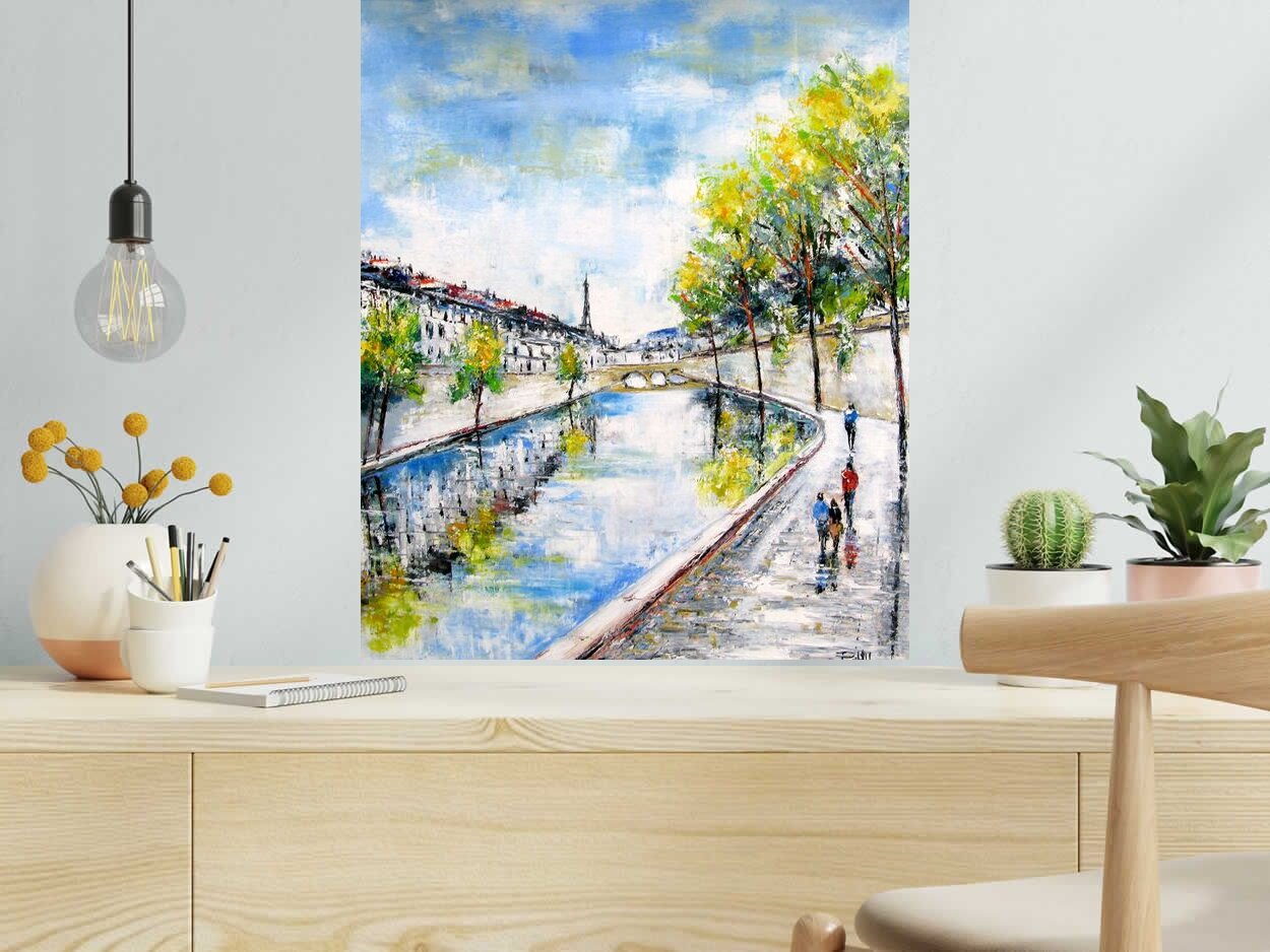 Peinture Les quais de Paris de PHIL dans un intérieur – 54 × 65 cm