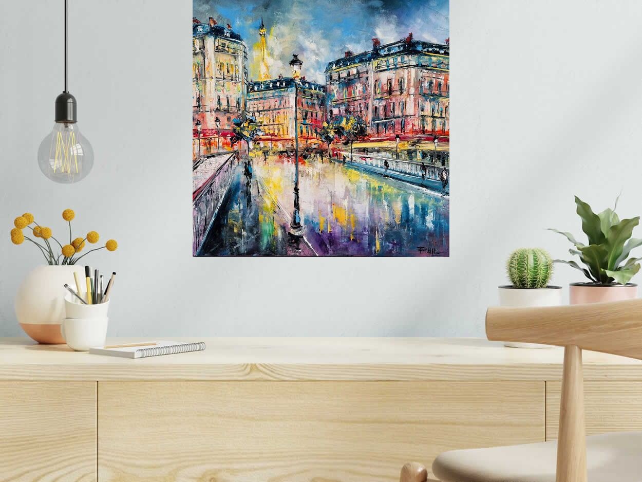 Peinture Soirée à Paris de PHIL dans un intérieur – 50 × 50 cm