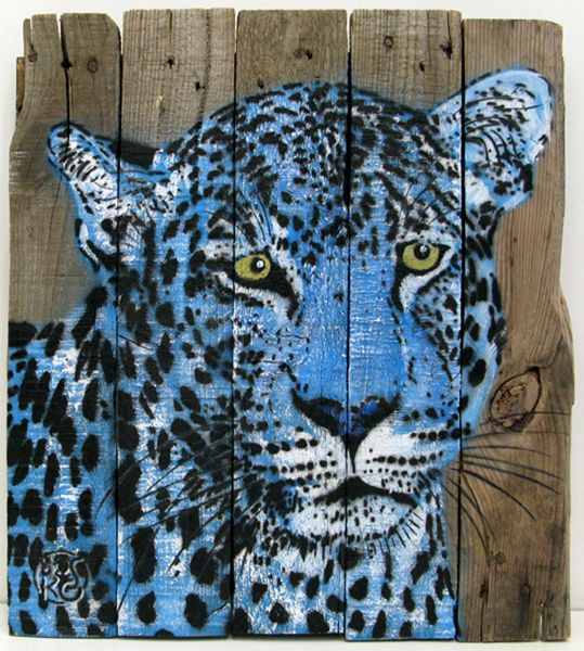 Peinture figurative petit format bleu LEOPARD BLEU – MOSKO – 39 × 40 cm