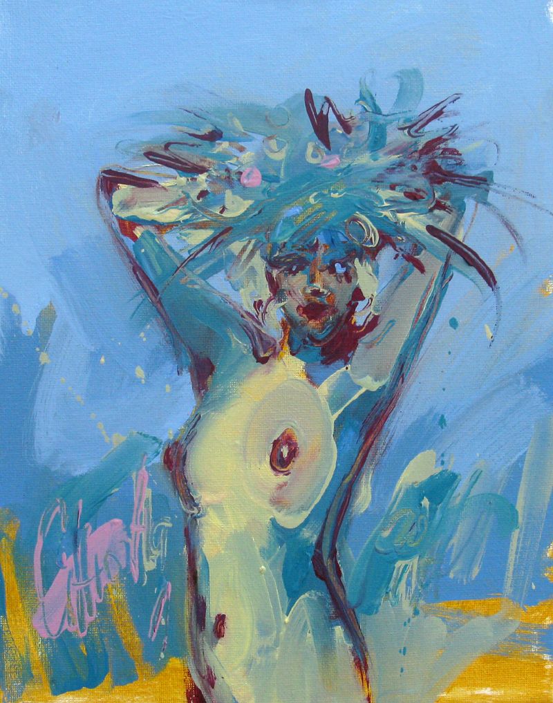 Peinture figurative petit format bleu lola – OLENA SINIUHINA – 25 × 30 cm