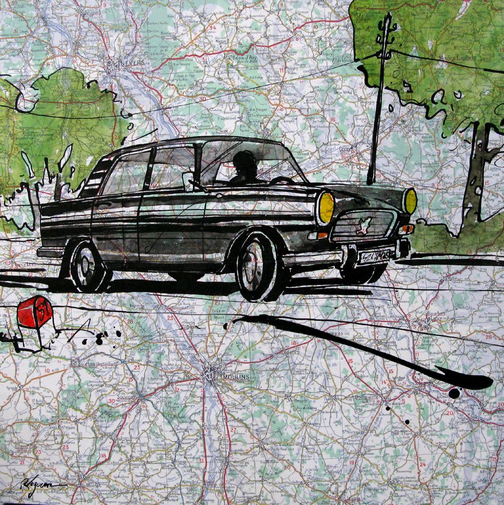 Peinture figurative petit format PEUGEOT 404 – CYRIL REGUERRE – 40 × 40 cm