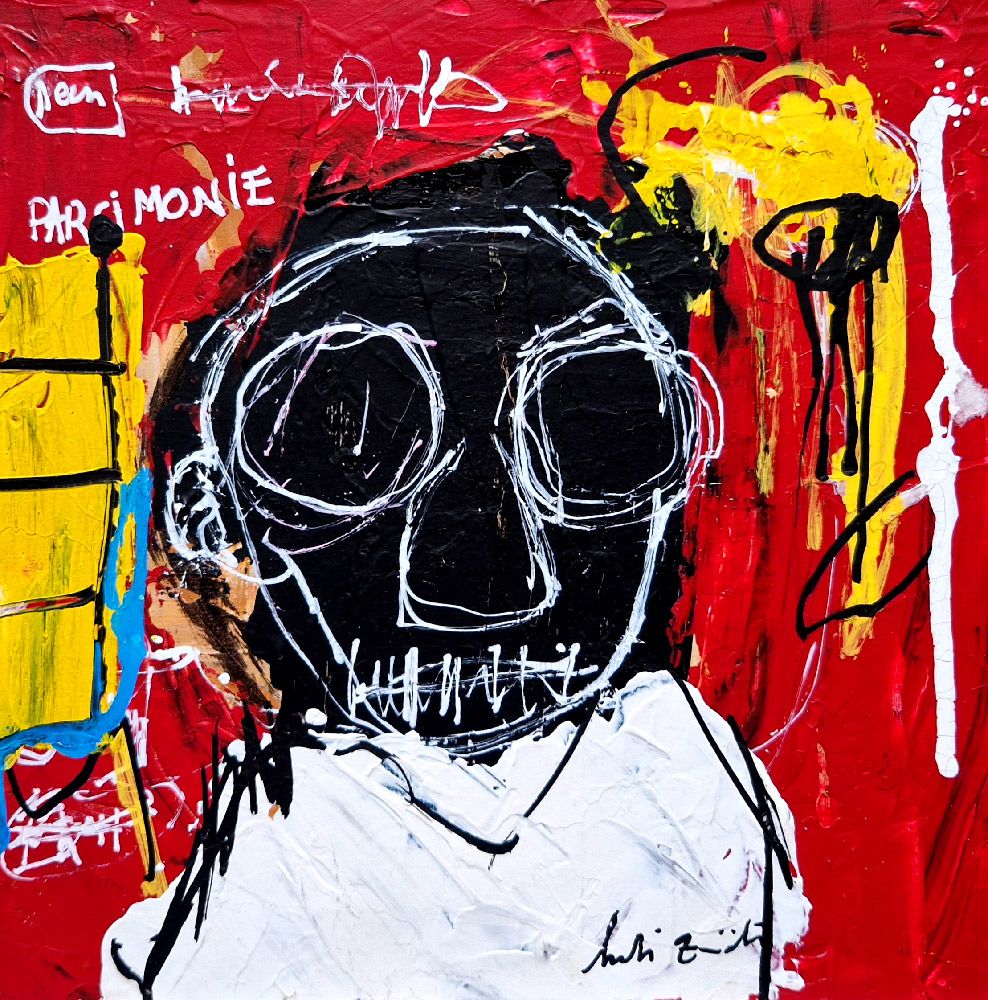 Peinture figurative petit format jaune et rouge PARCIMONIE II – LARBI ZAIDI – 81 × 19 cm