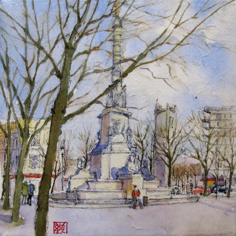 Peinture figurative petit format Rendez-vous au Chatelet – JEONG MIN LEE – 20 × 20 cm