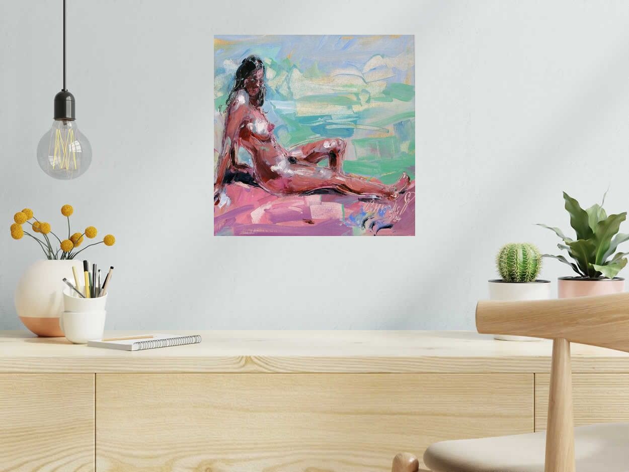 Peinture La plage 12 de OLENA SINIUHINA dans un intérieur – 40 × 40 cm
