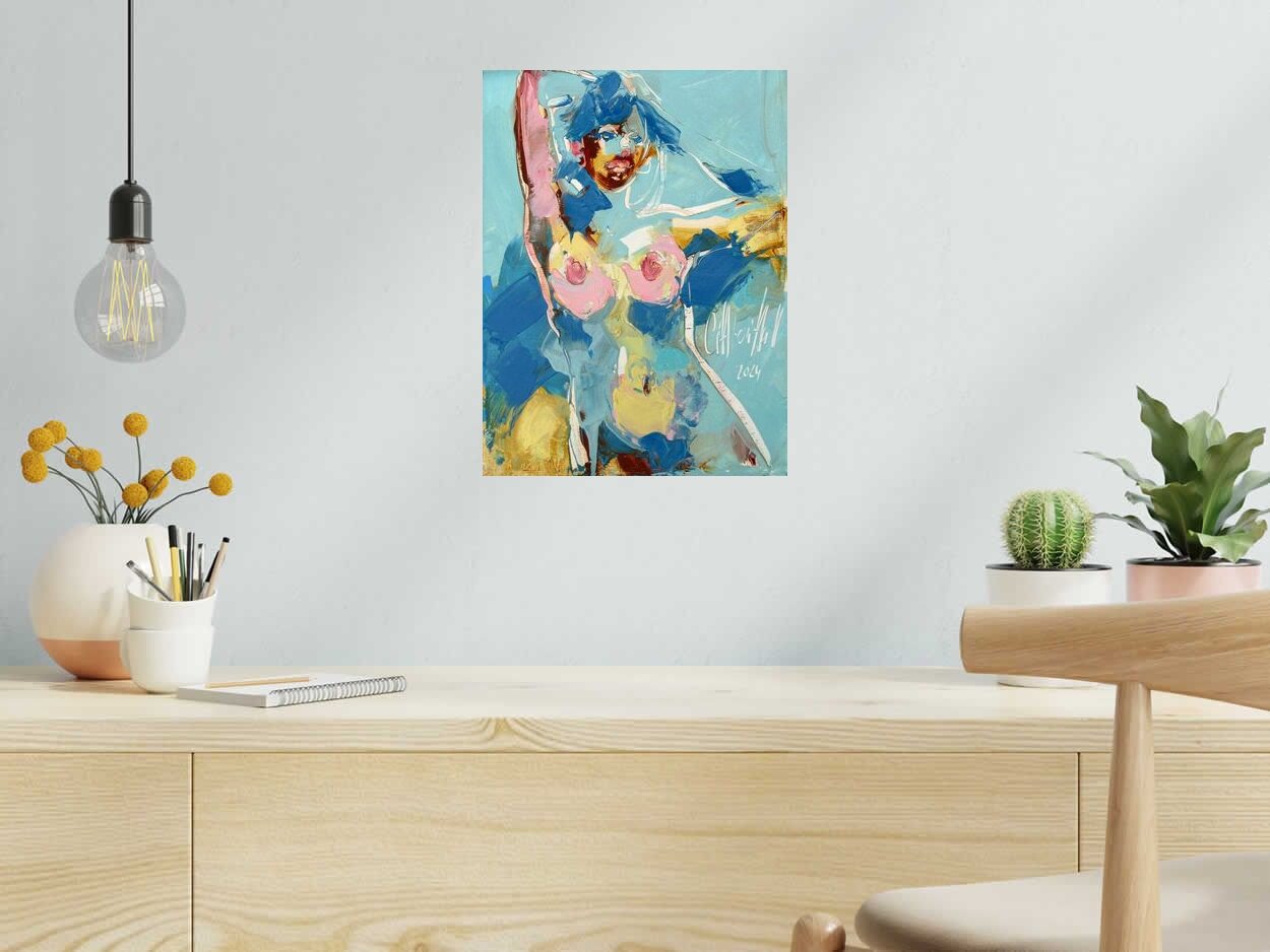 Peinture les yeux bleus de OLENA SINIUHINA dans un intérieur – 30 × 40 cm