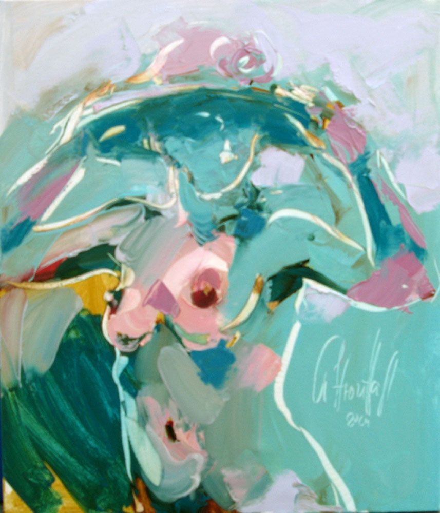Peinture figurative petit format rose et vert Le chapeau rose – OLENA SINIUHINA – 38 × 46 cm