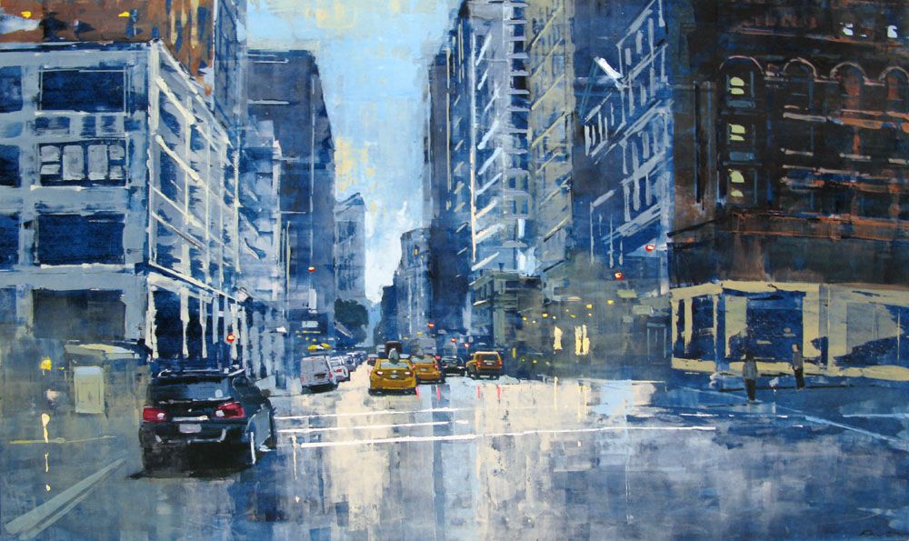 Peinture figurative très grand format bleu et gris SUNNY 5TH AVENUE – ADRIEN FAVEAU – 97 × 162 cm
