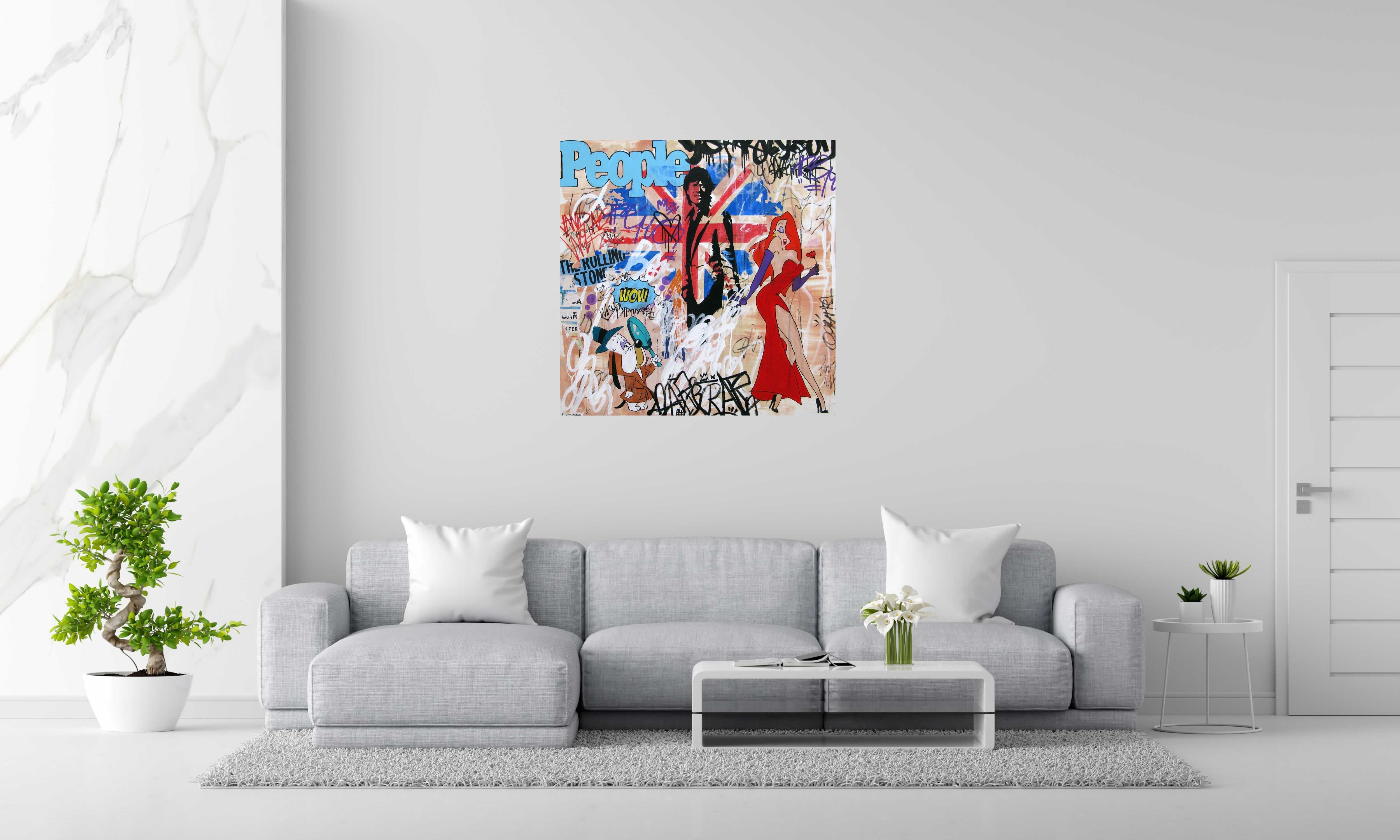 Peinture PEOPLE de PATRICIA GADISSEUR dans un intérieur – 100 × 100 cm